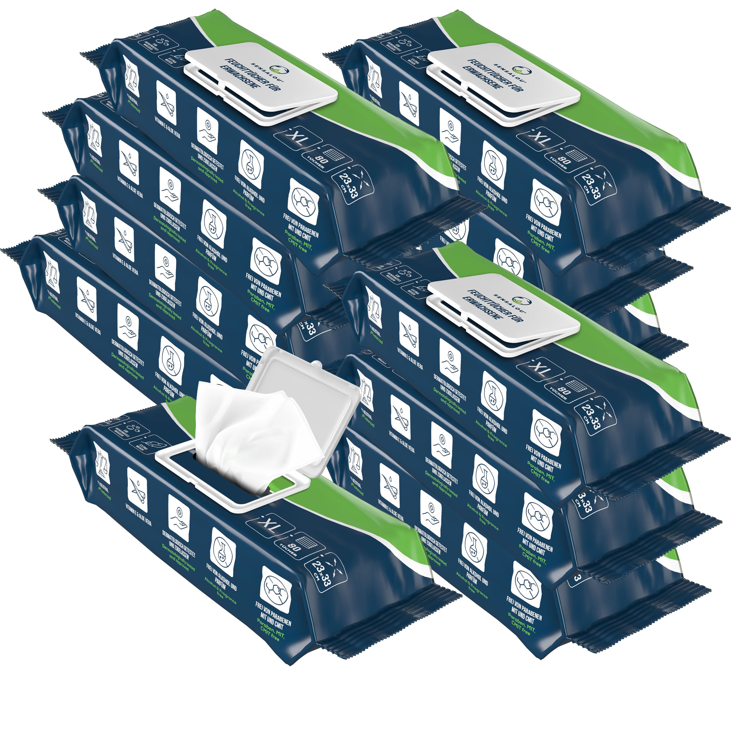 Mehrere Packungen Feuchttücher, blaue Verpackung mit grünen Akzenten. Deckel mit Aufklebern. XL-Größe. Stapelweise angeordnet.