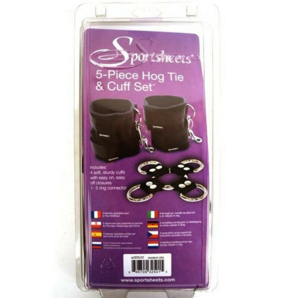 Verpackung mit Produkt. Enthält 5-teiliges Hog Tie & Cuff Set. Schwarze Manschetten und Verbindungsstück. Text: Sportsheets.