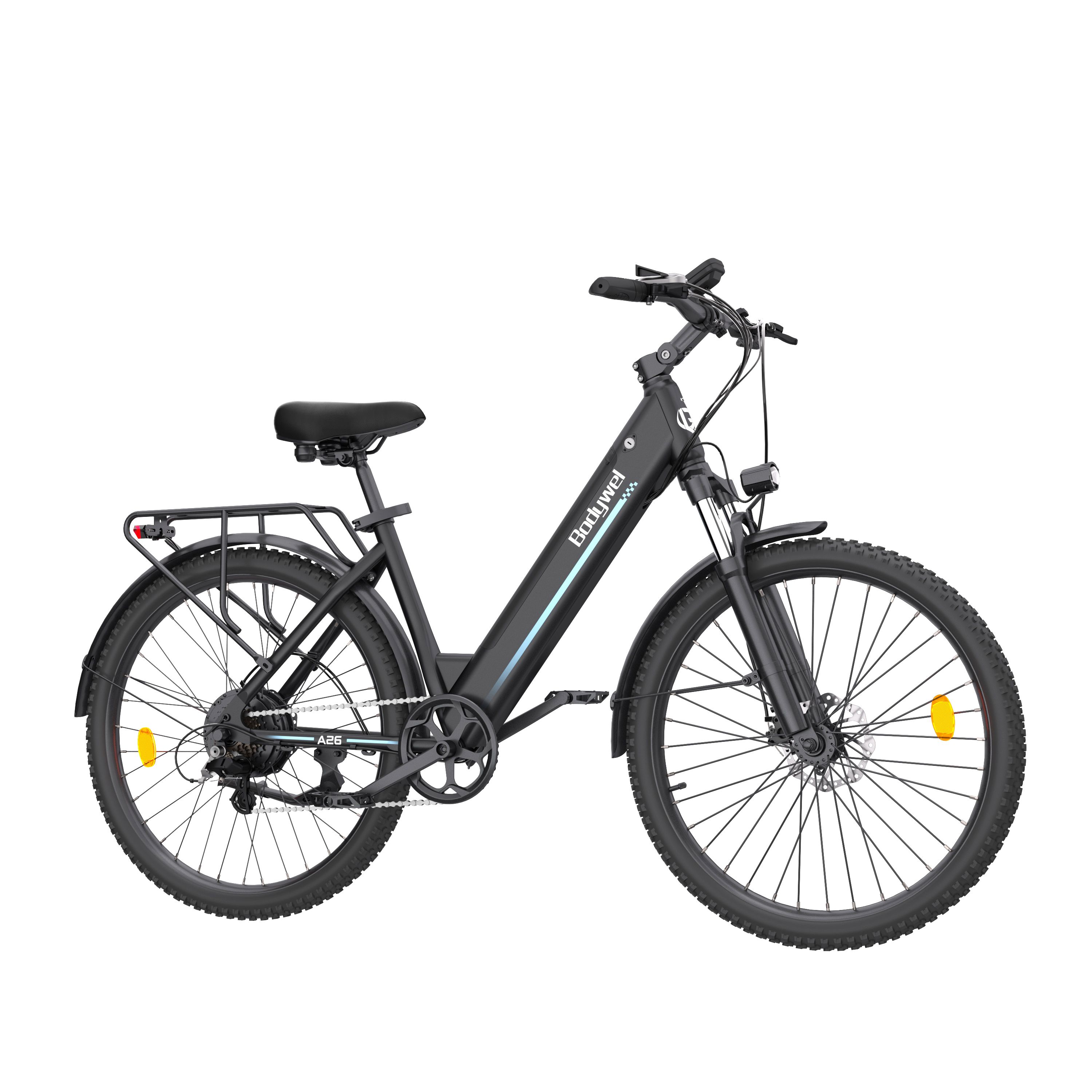 Schwarzes E-Bike mit Gepäckträger, Schutzblechen und Scheinwerfer. Bodywel A26.