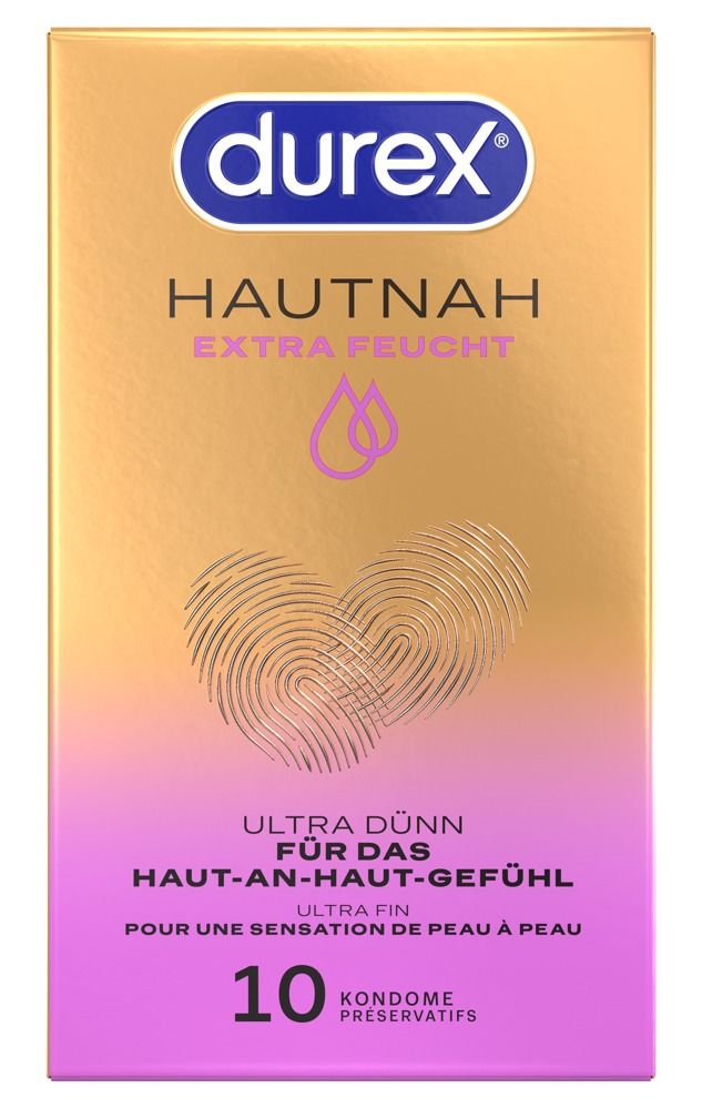 Durex Hautnah Extra Feucht Kondompackung mit einzeln verpacktem Kondom. Goldfarben.