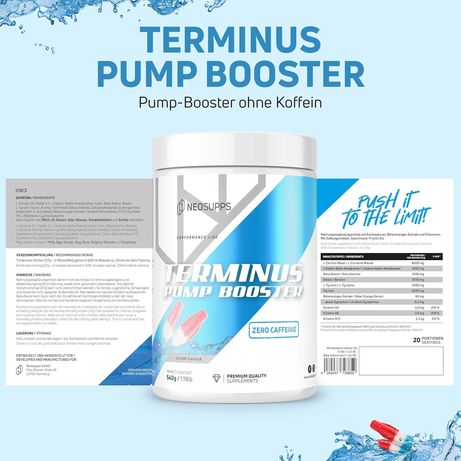 Dose TERMINUS PUMP BOOSTER. Text: ZERO CAFFEINE. Aufdruck: NEOSUPPS. Inhaltsstoffe und Nährwertangaben. 540g/1.19lb. Eis am Stiel.