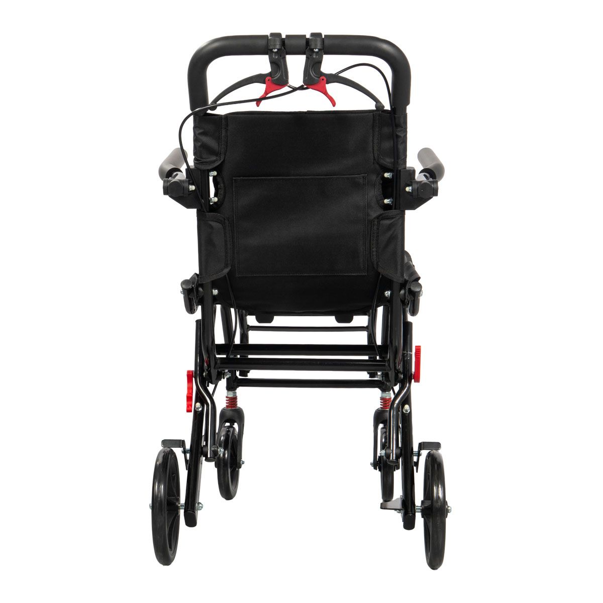 Schwarzer Rollstuhl, Rückansicht. Vier Räder, Armlehnen, roter Hebel. I-Travel-Logo.