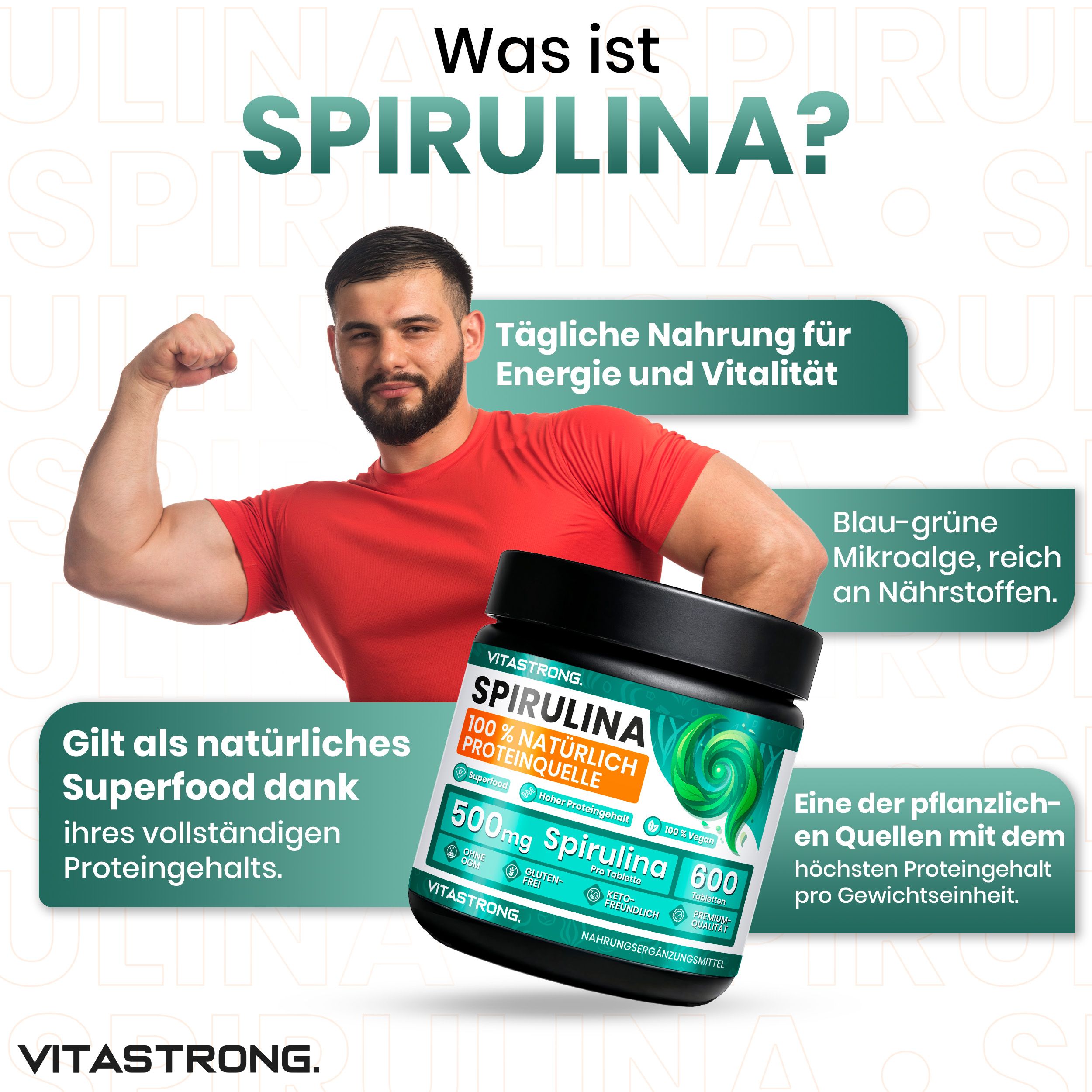Vitastrong Spirulina. Superfood für Energie und Vitalität. 100% natürliche Proteinquelle. 600 Tabletten.