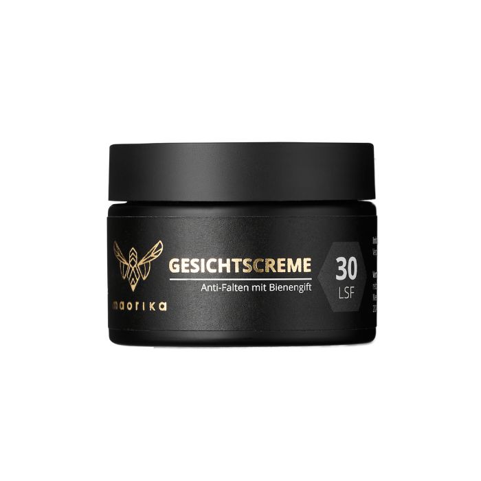 Schwarzer Tiegel mit Deckel. Aufschrift: GESICHTSCREME, Anti-Falten mit Bienengift, LSF30. Logo: goldene Biene.