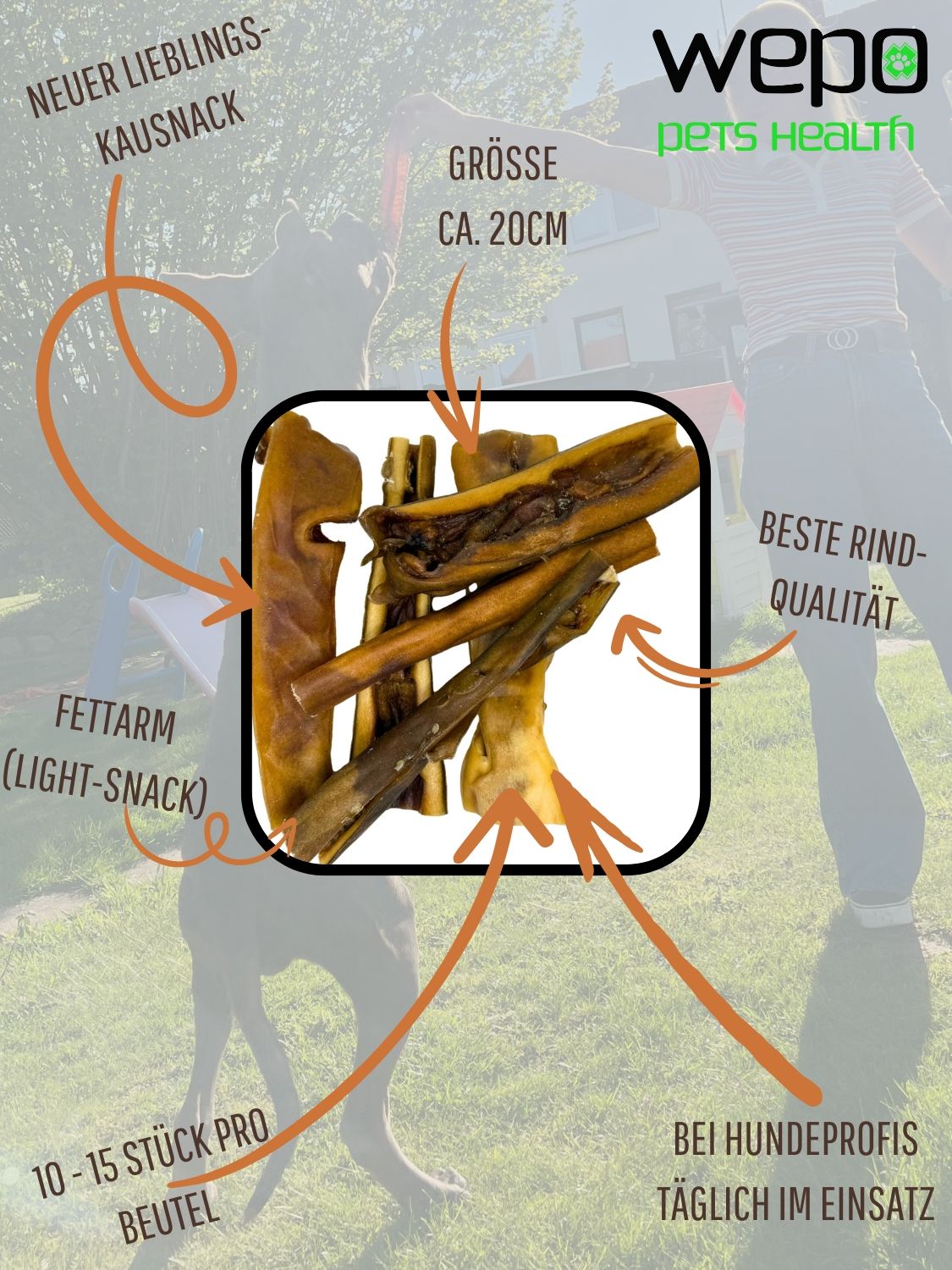 Rinderkopfhaut-Kausnack, ca. 20cm. Fettarm. Beste Rindqualität. 10-15 Stück pro Beutel. Bei Hundeprofis täglich im Einsatz.