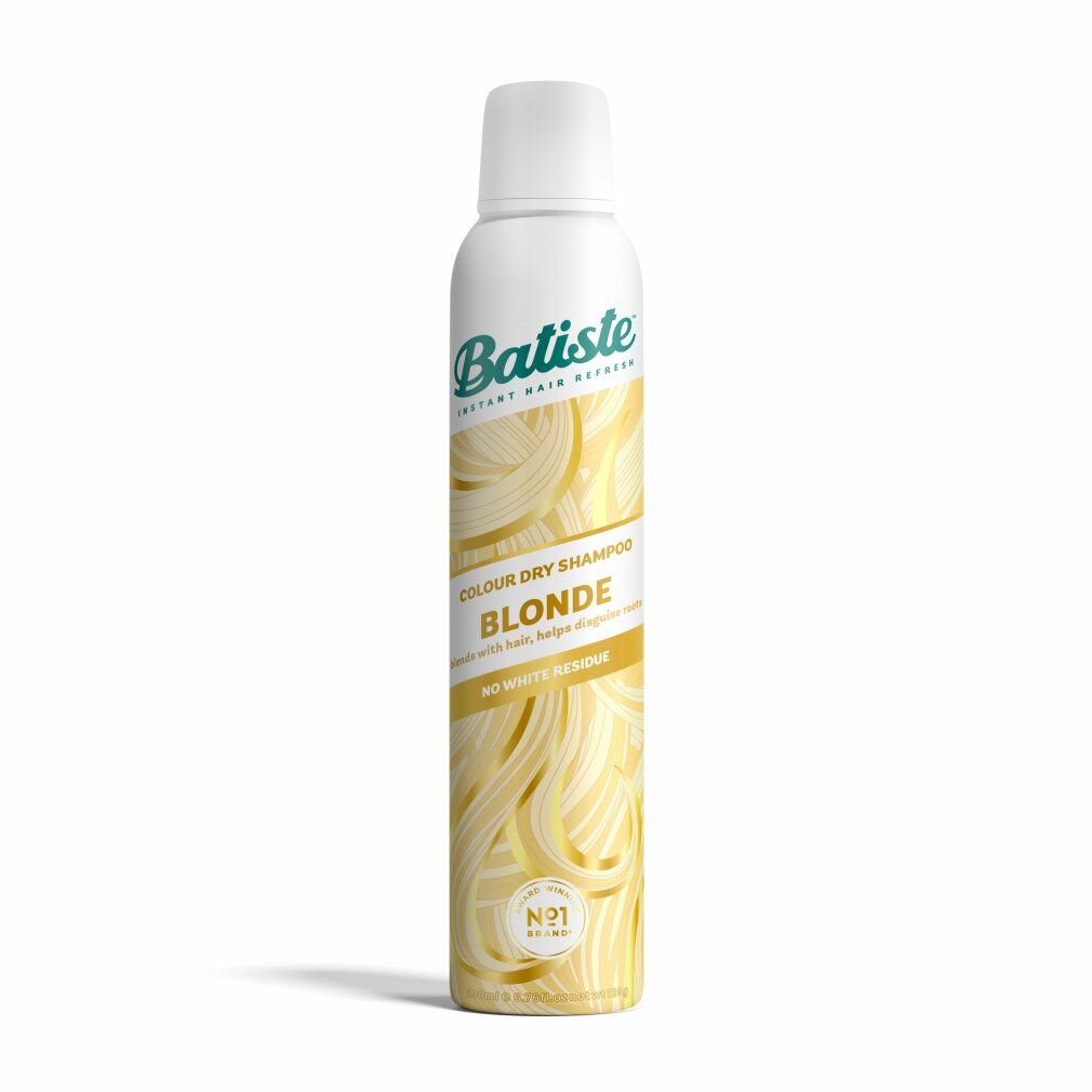 Zylindrische Sprühflasche. Aufschrift: Batiste, Instant Hair Refresh, Colour Dry Shampoo, Blonde. Gelbe Haarillustrationen.