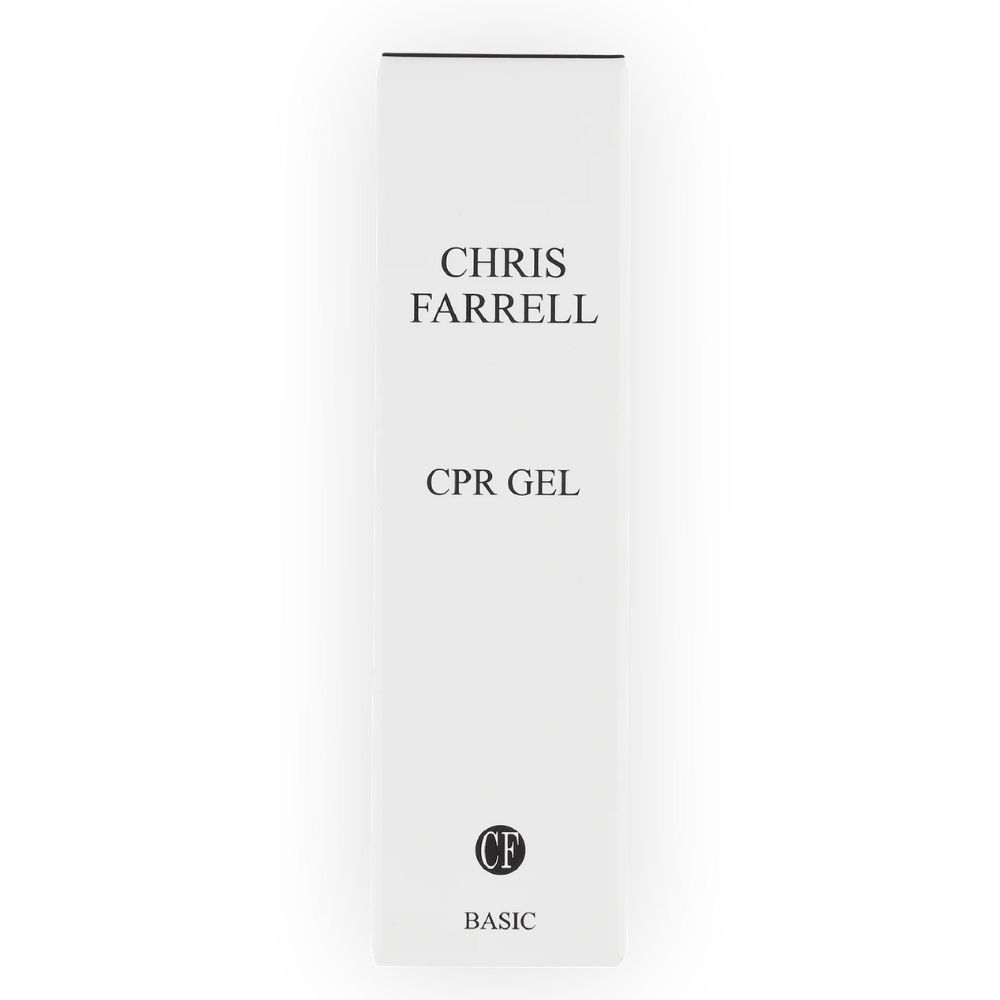Weiße Verpackung mit schwarzem Text. Oben: CHRIS FARRELL. Mitte: CPR GEL. Unten: CF-Logo und BASIC.