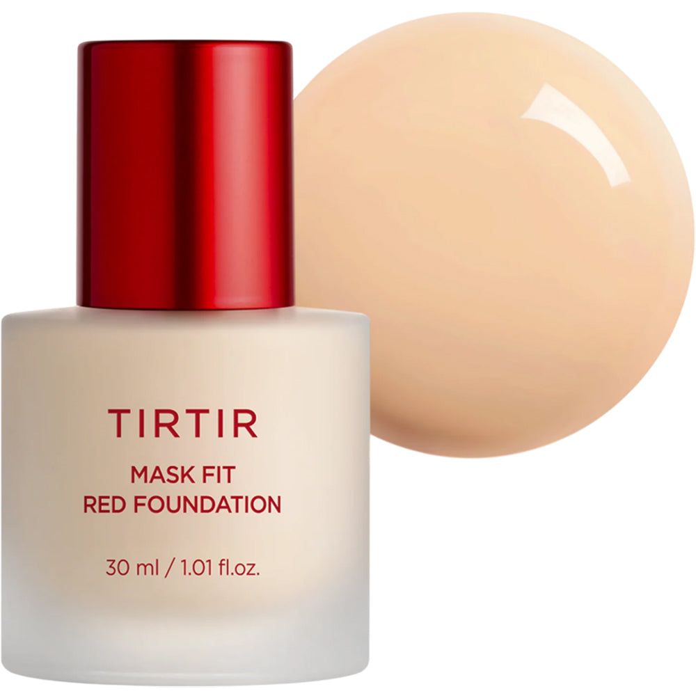 TIRTIR Mask Fit Red Foundation-Flasche mit rotem Deckel und Make-up-Auftrag. 30 ml.