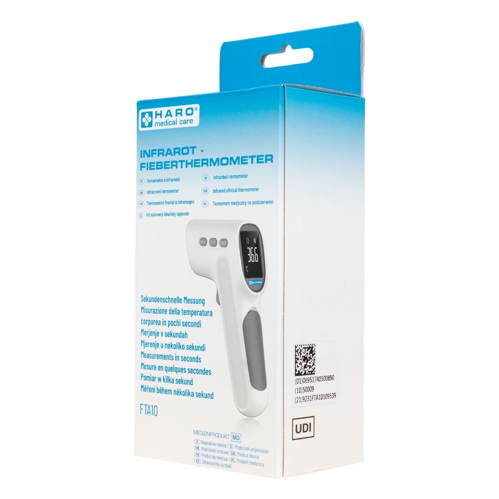 Infrarot-Fieberthermometer in Verpackung. Weißes Gerät mit Display, drei Knöpfen und grauem Griff. Text: HARO, Infrarot-Fieberthermometer.