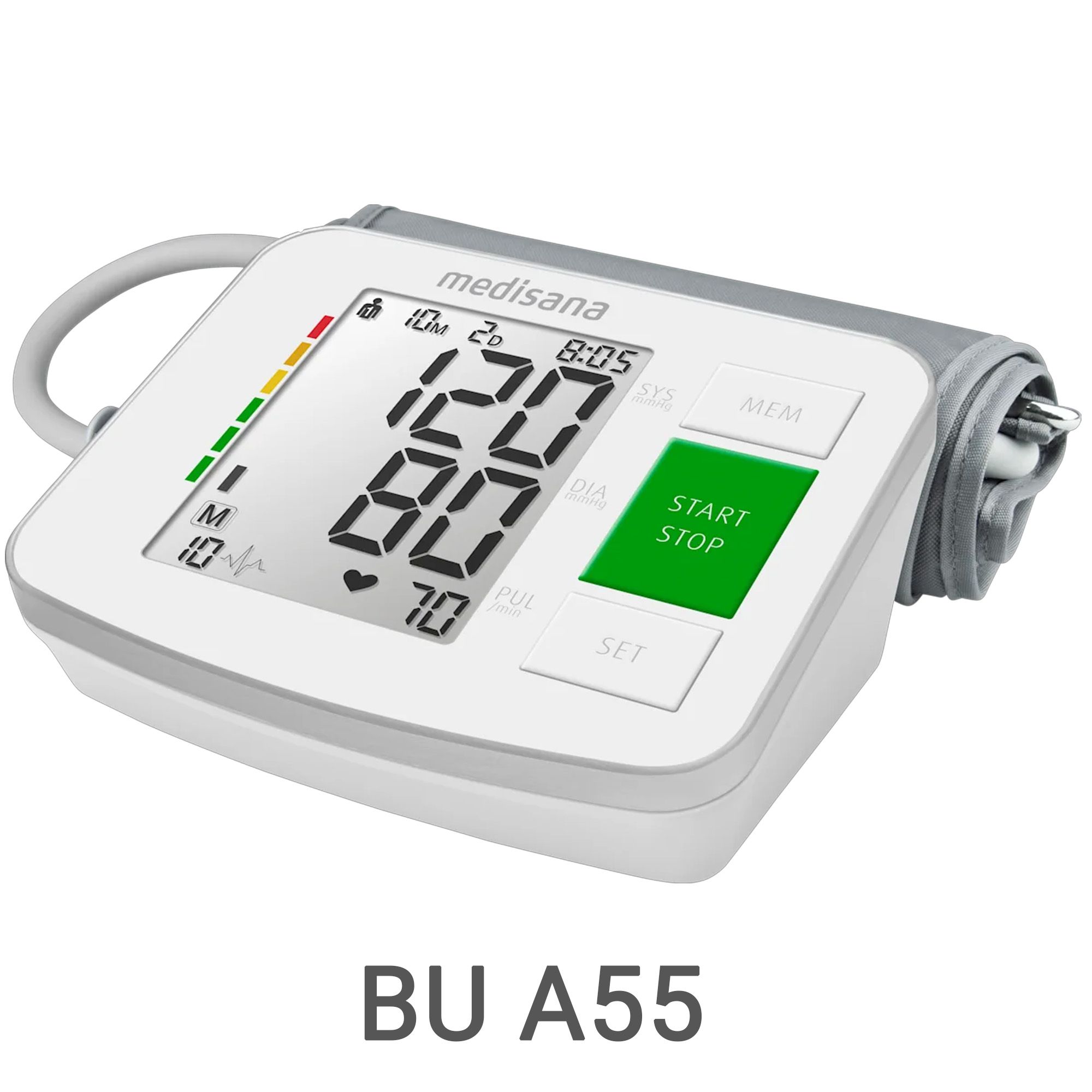 Weißer Oberarm-Blutdruckmesser BU A55 mit großem Display und grüner Start-Taste.