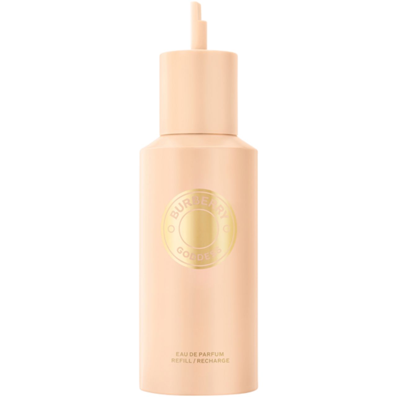 Beige Flakon mit goldfarbenem Logo. Aufschrift: Burberry Goddess, Eau de Parfum, Refill/Recharge.