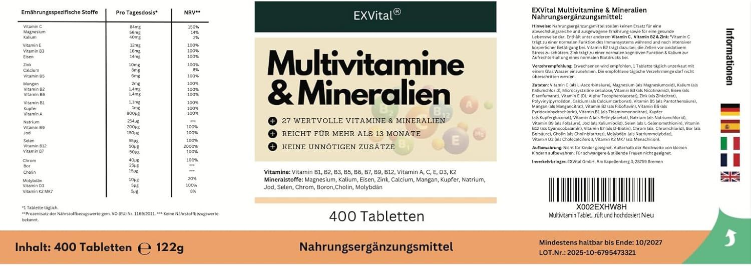 EXVital Multivitamin & Mineralien: Nährwertangaben und Inhaltsstoffe für 400 Tabletten.