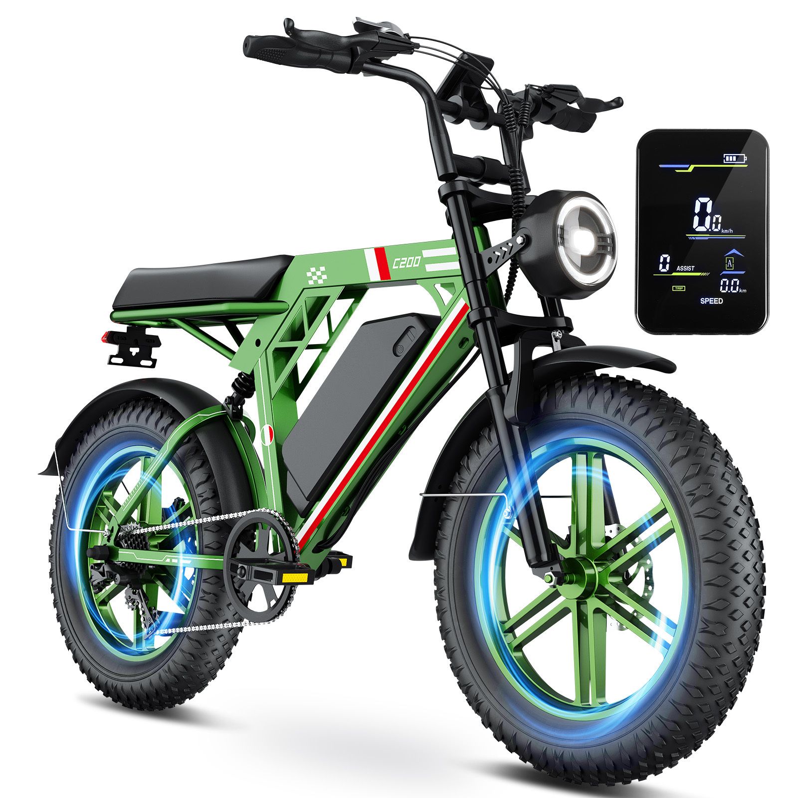 Grünes E-Bike mit breiten Reifen, Frontscheinwerfer und Digitalanzeige. Akku am Rahmen. Schwarze Schutzbleche.