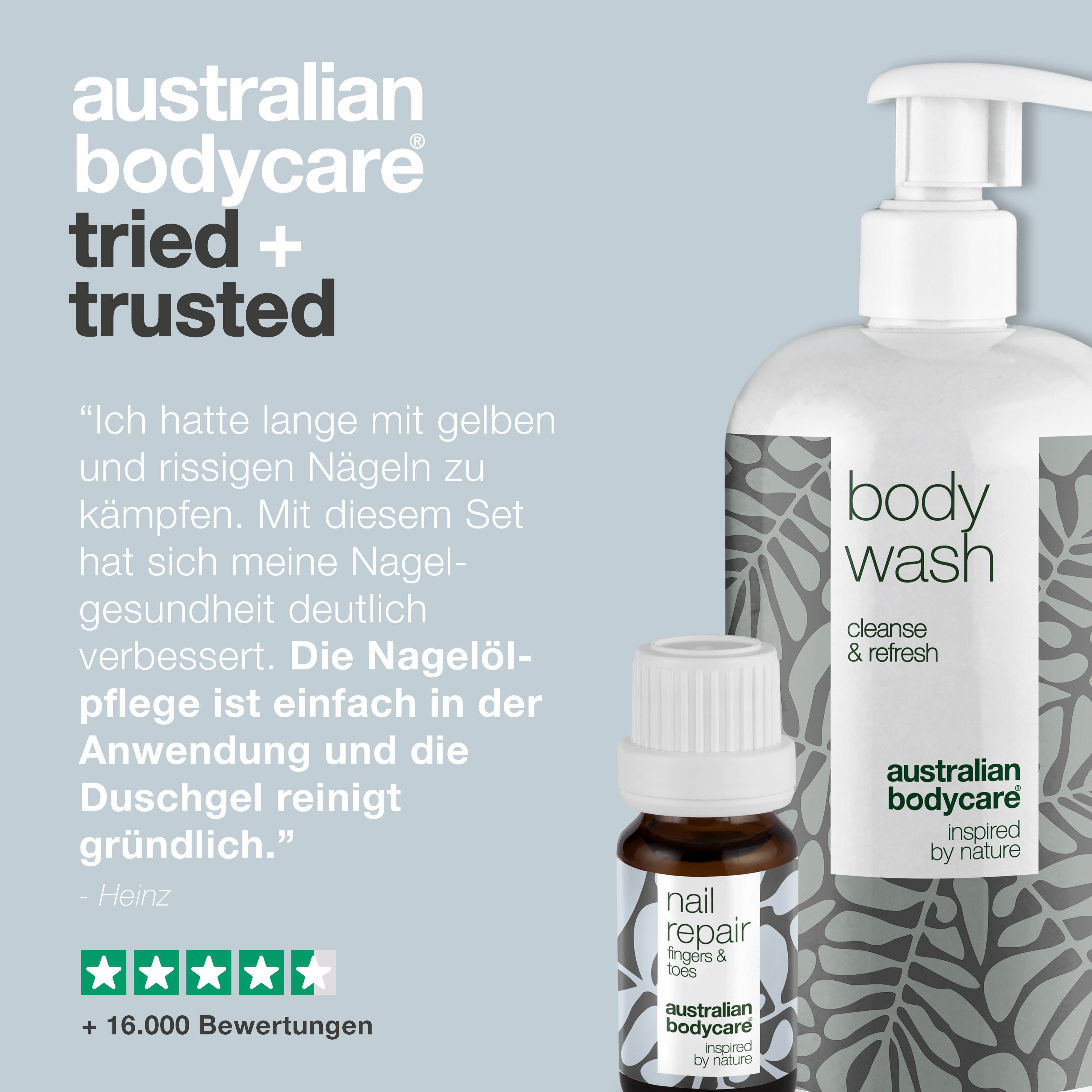 Körperwaschmittel und Nagelöl. Aufschrift: Australian Bodycare. Zitat und 5-Sterne-Bewertung.