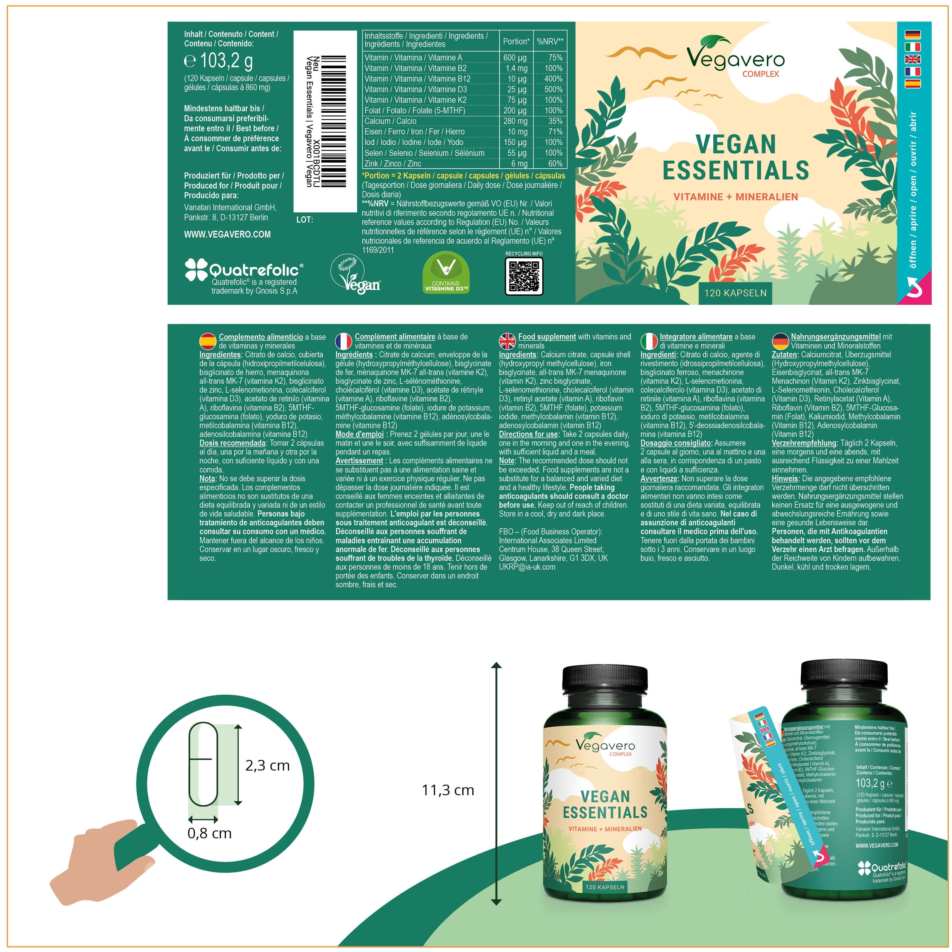 Produktverpackung mit Informationen. Eine Kapsel wird vergrößert dargestellt. Flasche und Verpackung mit Produktnamen.