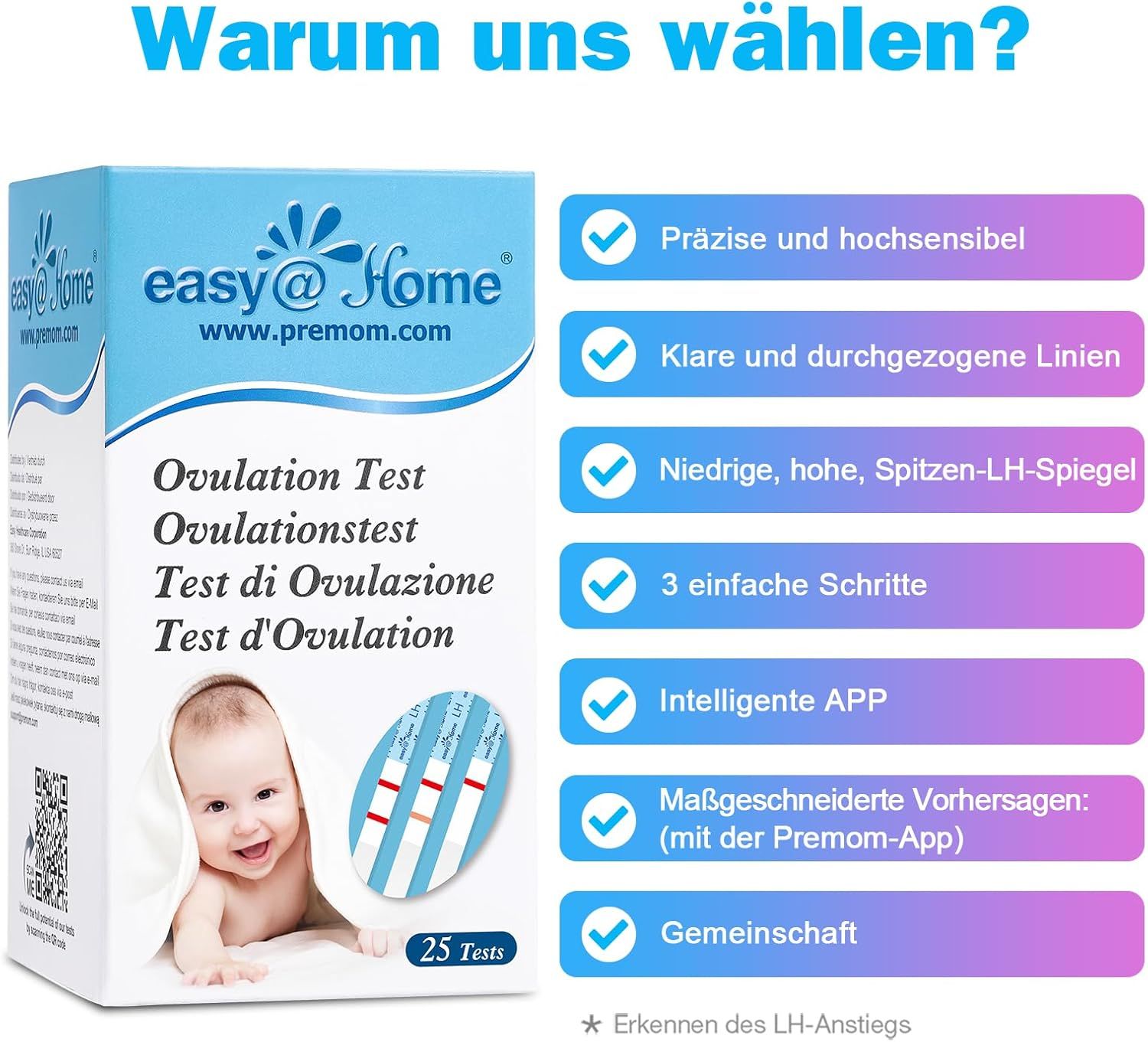 Packung Ovulationstest. Text: Warum uns wählen? Präzise und hochsensibel, klare Linien, 3 einfache Schritte, intelligente APP, Gemeinschaft.