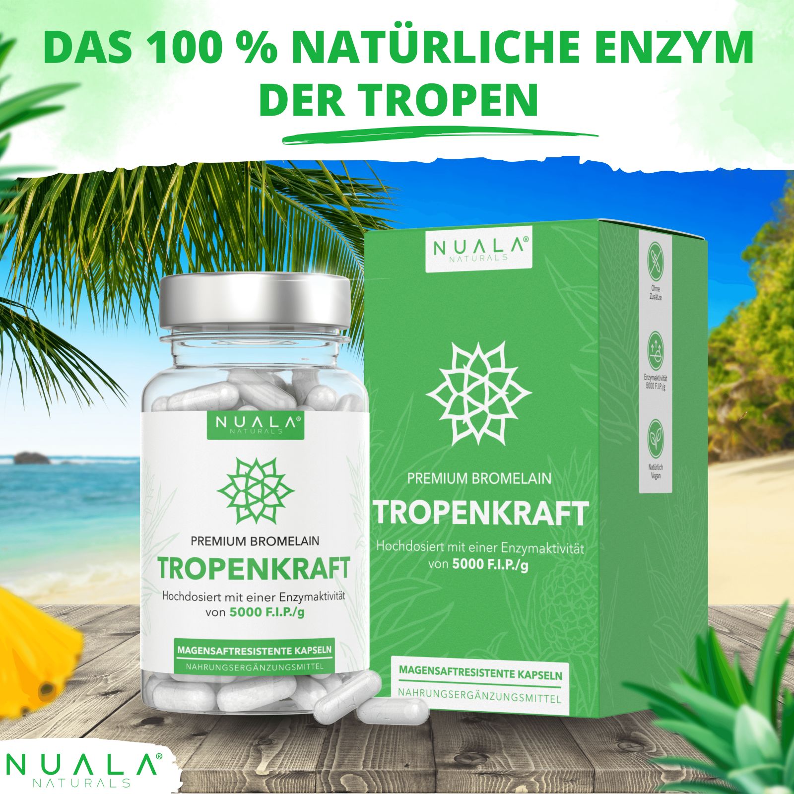 Eine Flasche Nuala Naturals® Tropenkraft und eine Schachtel. Auf der Flasche und der Schachtel steht Tropenkraft.