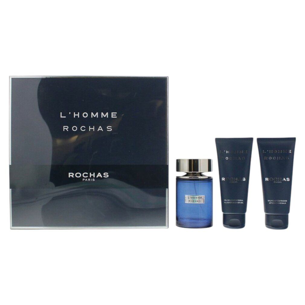 Geschenkset mit Flakon, zwei Tuben und Schachtel. Blaue Verpackung mit silberner Schrift. Produktname: L'Homme Rochas.