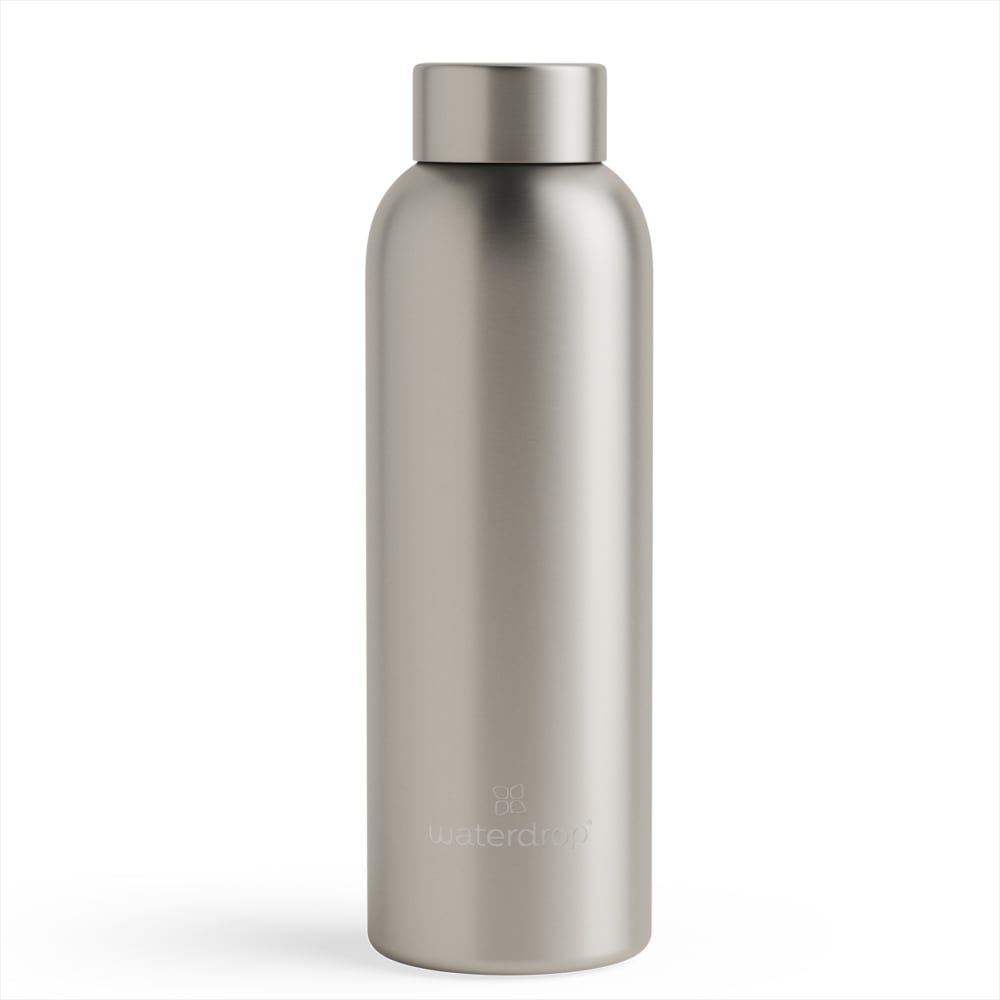 Edelstahl-Trinkflasche, silberfarben. Logo waterdrop® am Boden.