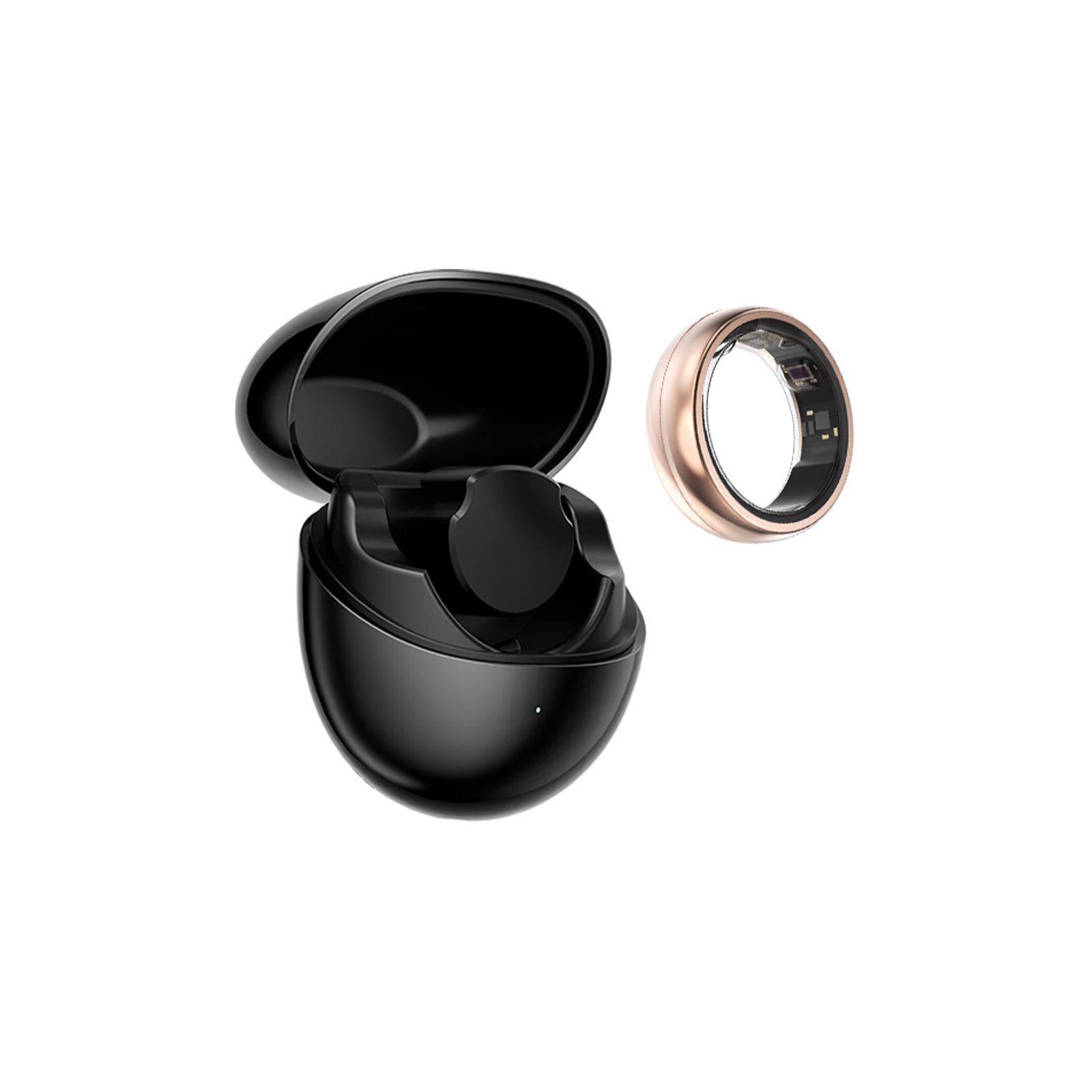 Ring und Ladecase. Ring goldfarben, rund. Case schwarz, oval, geöffnet. Ring neben Case.