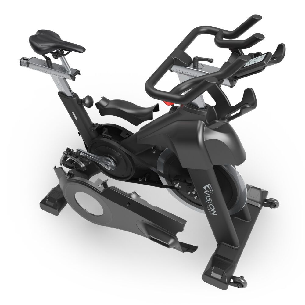 Indoor Cycle mit abgenommenen Abdeckungen. Sichtbar: Schwungrad, Pedale, Rahmen und Vision-Logo.