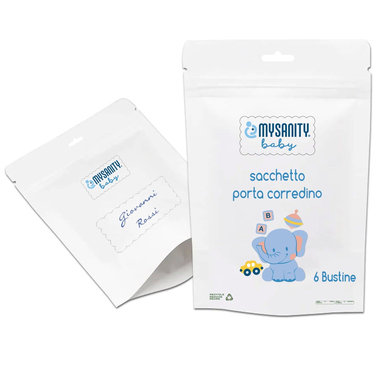 Weiße, wiederverschließbare Beutel. Aufdruck: MYSANITY baby, sacchetto porta corredino, Elefant-Illustration, 6 Bustine. Ein Beutel mit Namen.