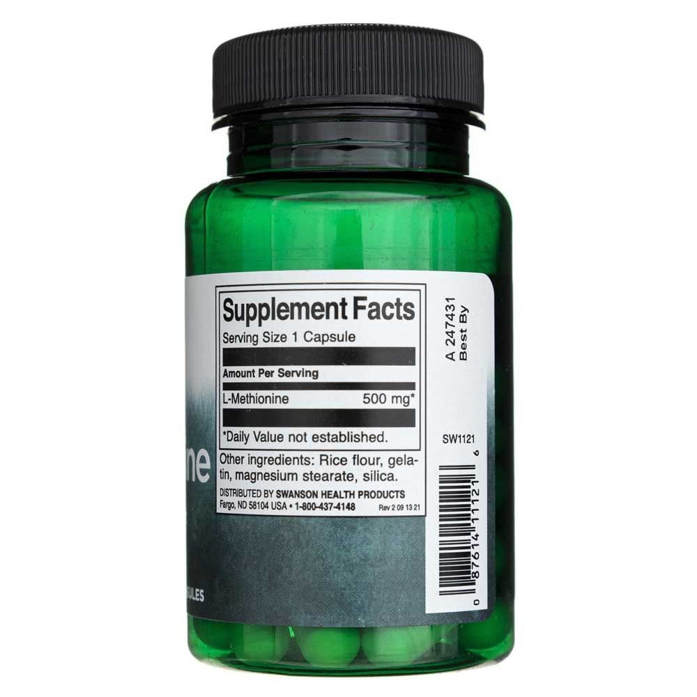 Rückseite einer grünen Flasche mit Swanson L-Methionin-Nahrungsergänzungsmitteln, Supplement Facts.