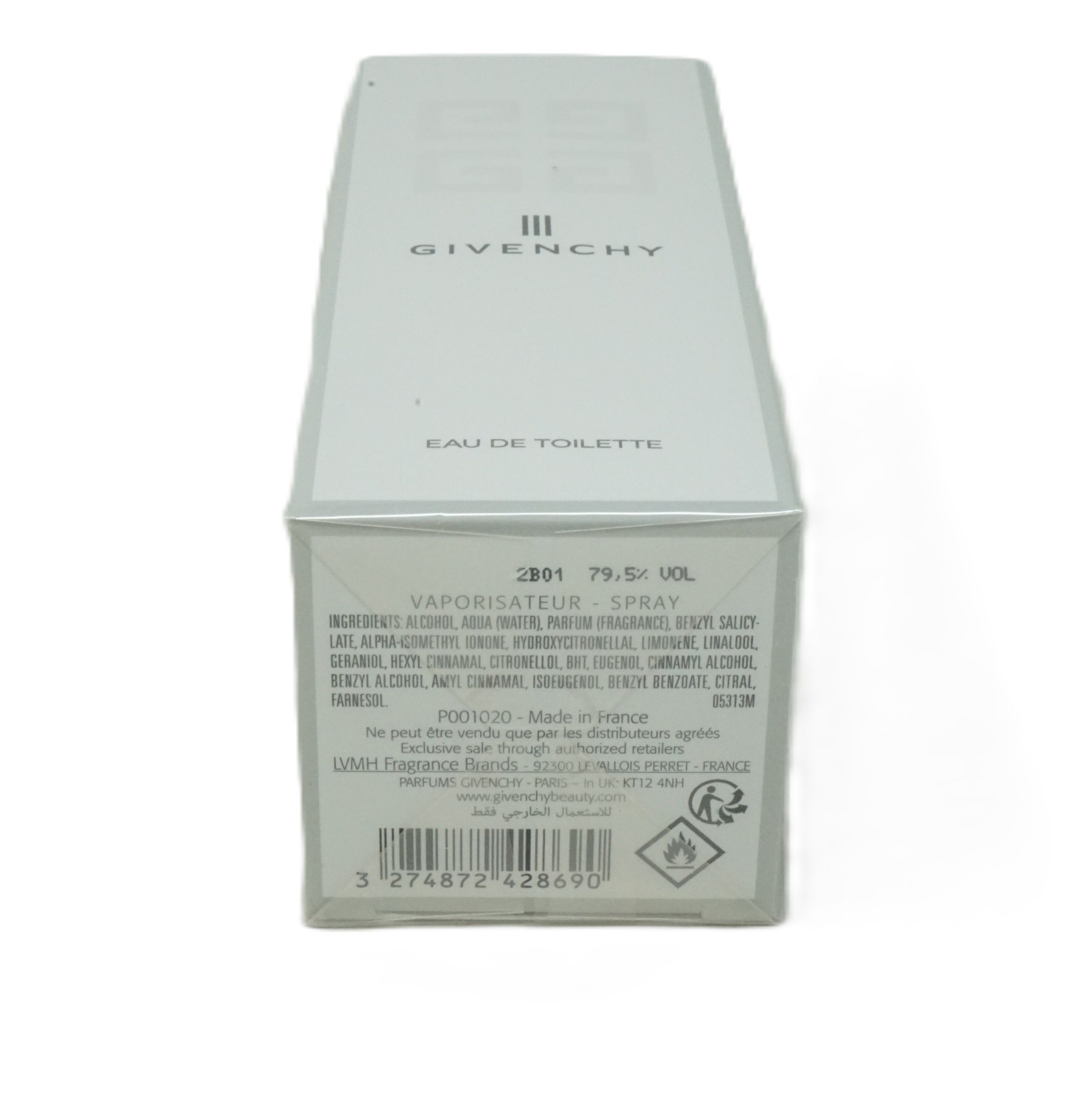 Weißer Karton mit Givenchy-Logo, Text und Inhaltsangaben.