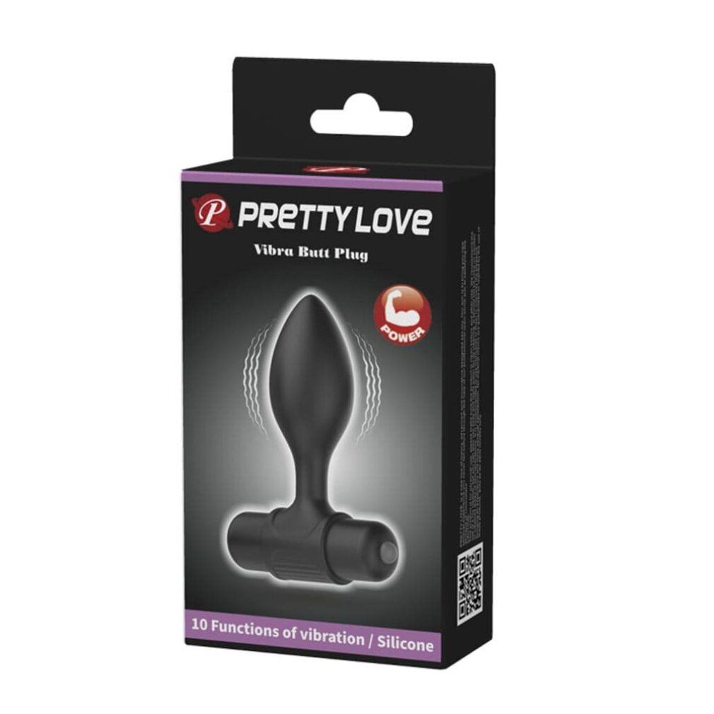Verpackung von Pretty Love Vibra Butt Plug. Schwarze Box mit Produktbild und Text. Zehn Vibrationsfunktionen.