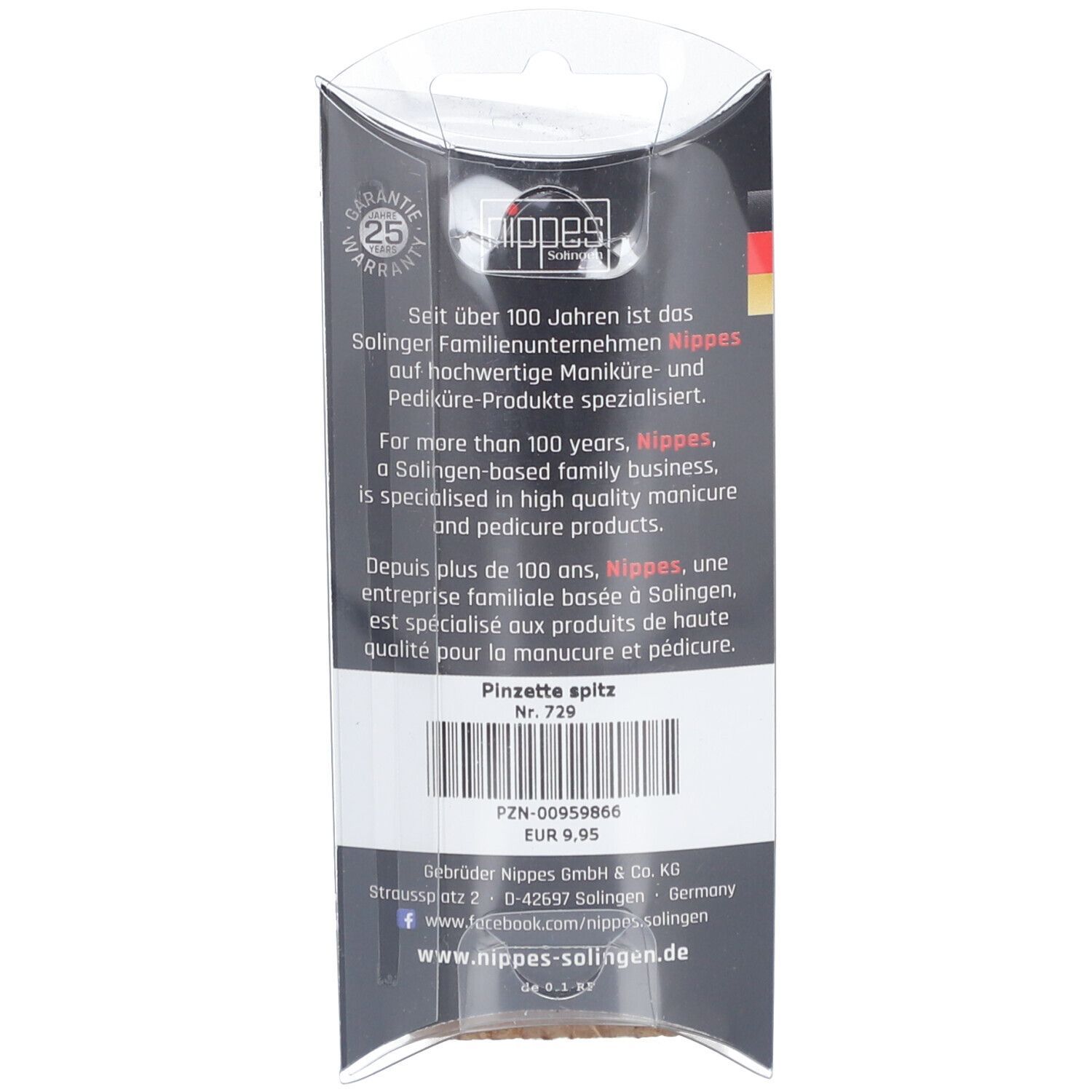 Rückseite der Verpackung. Text: nippes Solingen. Garantie-Logo. Text: Pinzette spitz. Barcode und Preis.