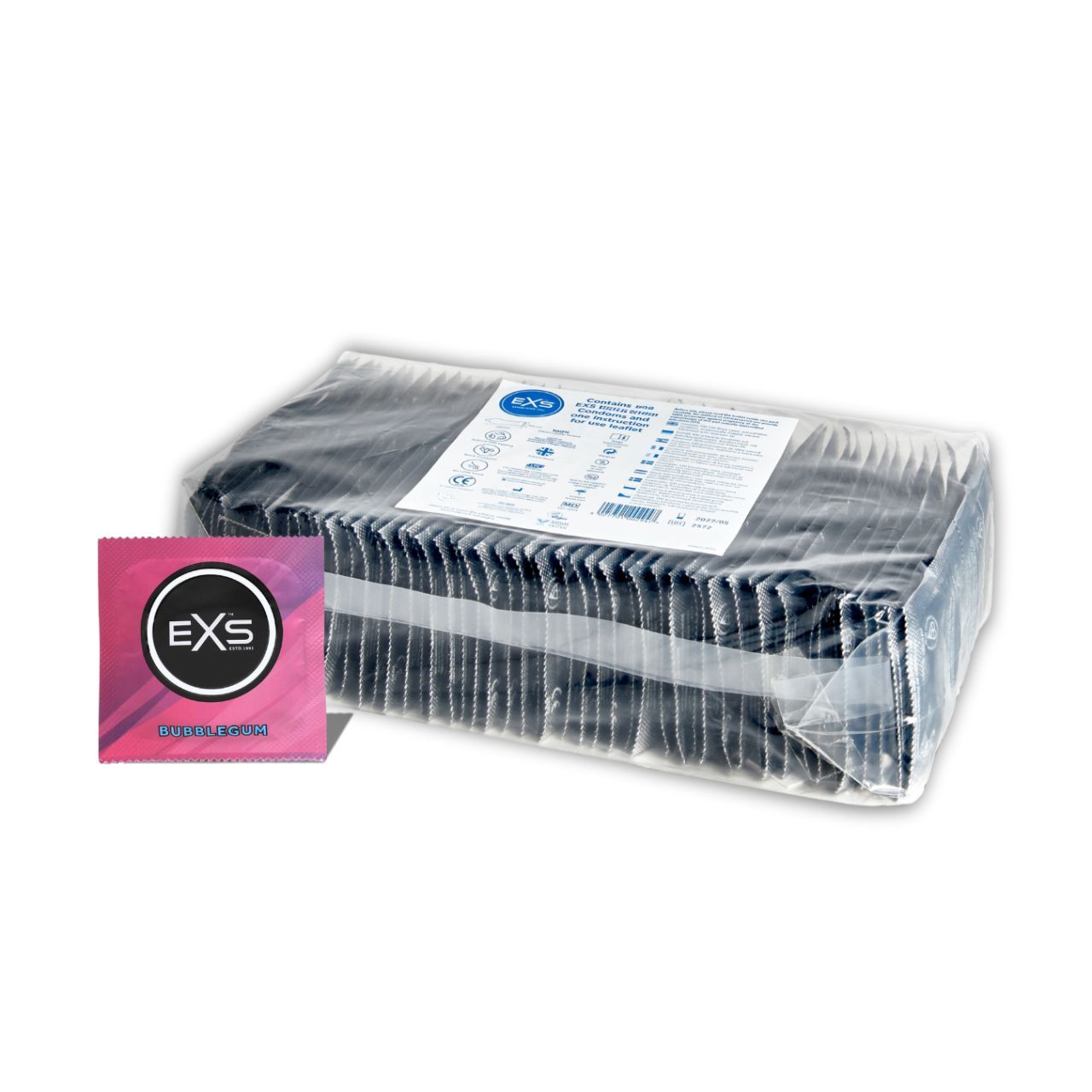 Großpackung EXS Kondome in schwarzer Verpackung, einzelnes Kondom daneben.