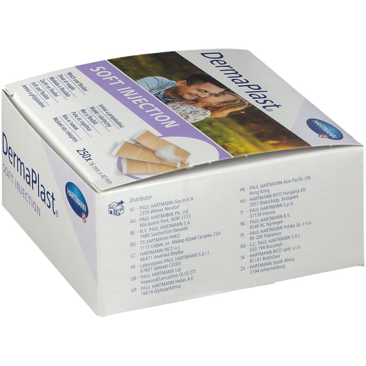 Seitenansicht der Verpackung DermaPlast® SOFT INJECTION mit Händlerinformationen.