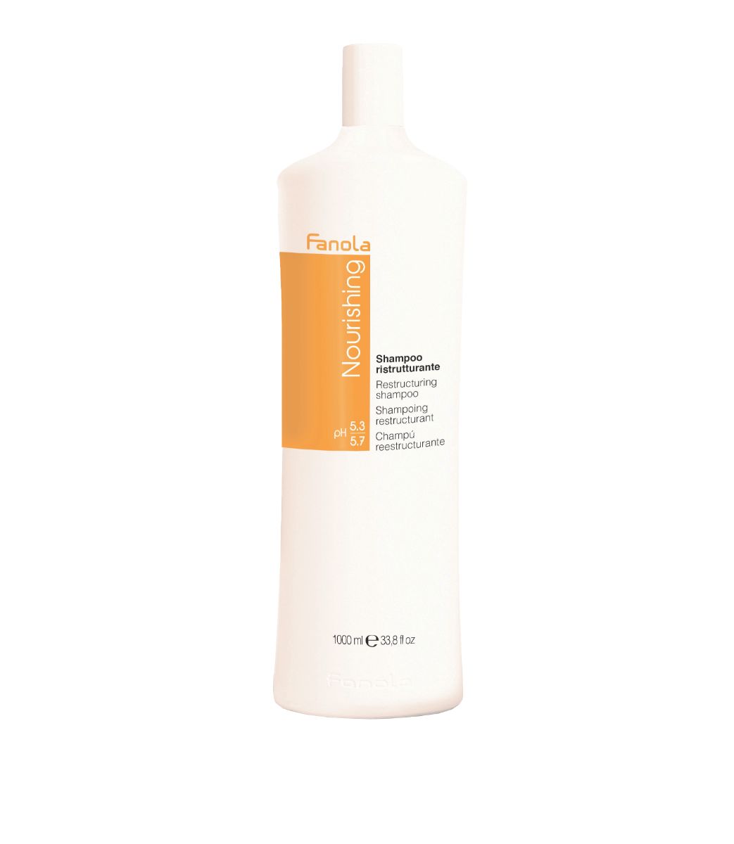 Weiße Flasche mit orangefarbenem Etikett, Fanola Nourishing Shampoo, 1000ml.