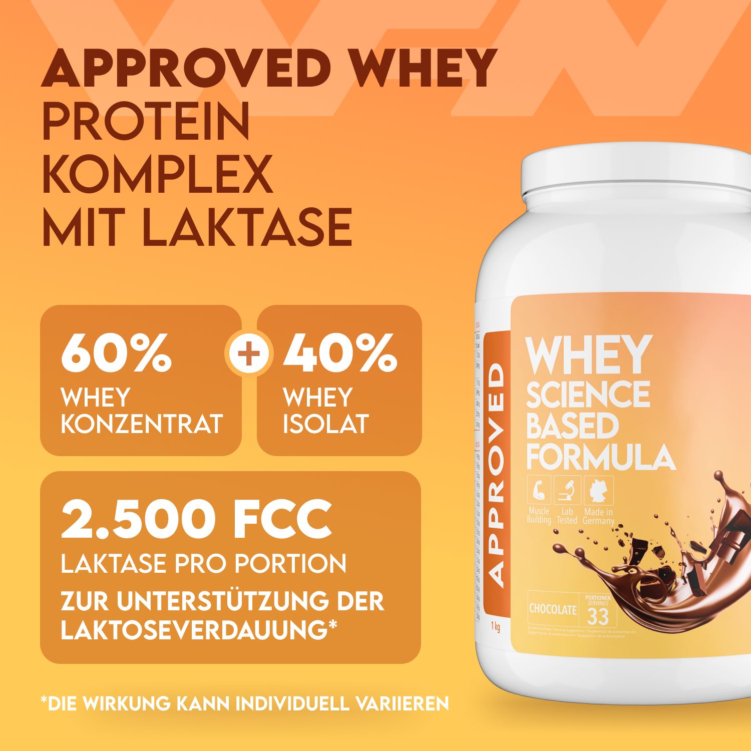 Weißes Whey-Proteinpulver-Behälter. Aufschrift: APPROVED, WHEY SCIENCE BASED FORMULA. Enthält 60% Whey-Konzentrat und 40% Whey-Isolat.
