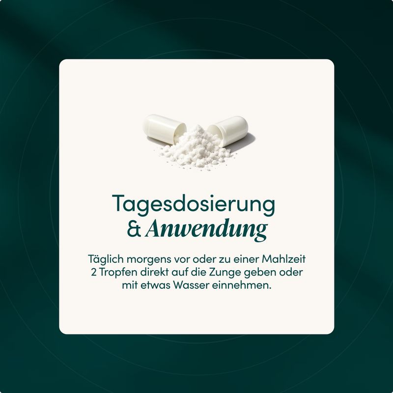 Kapsel geöffnet, Pulver ausgestreut. Text: Tagesdosierung & Anwendung.