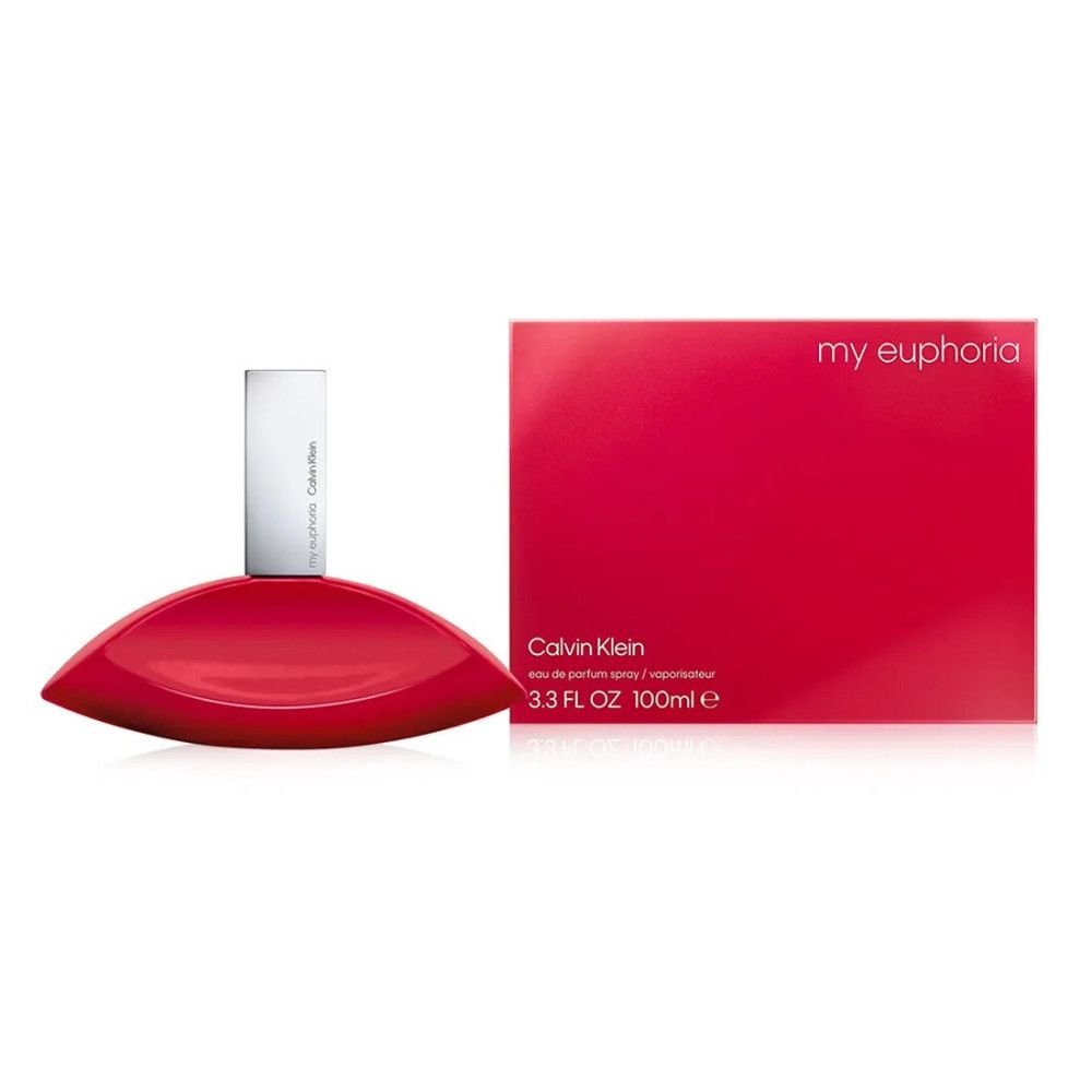 Roter Flakon und Verpackung. Aufschrift: my euphoria, Calvin Klein, 3.3 FL OZ 100ml e.