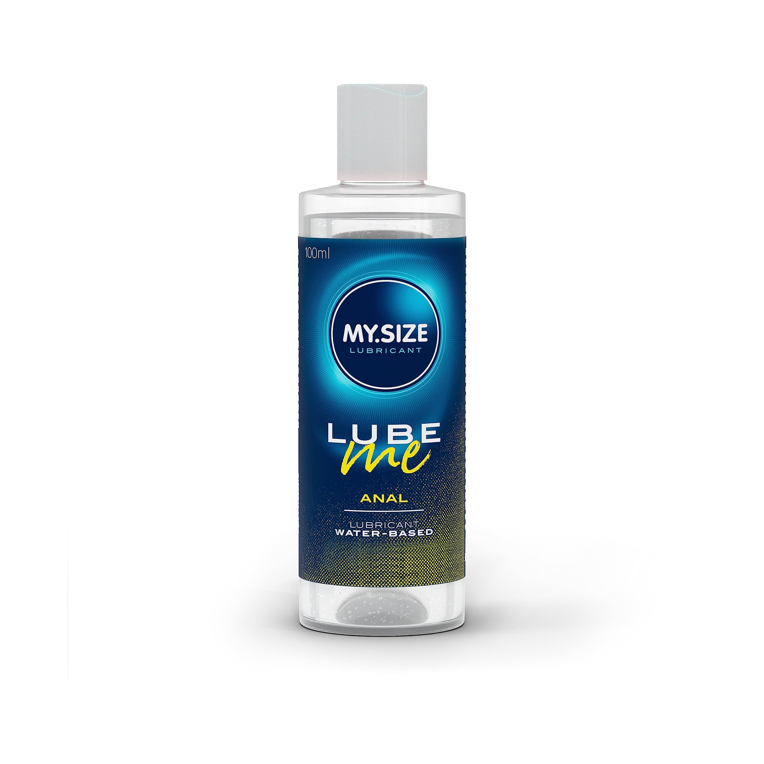 MY.SIZE LUBE ME Anal Gleitmittel in klarer Flasche mit weißem Verschluss. Wasserbasiert.