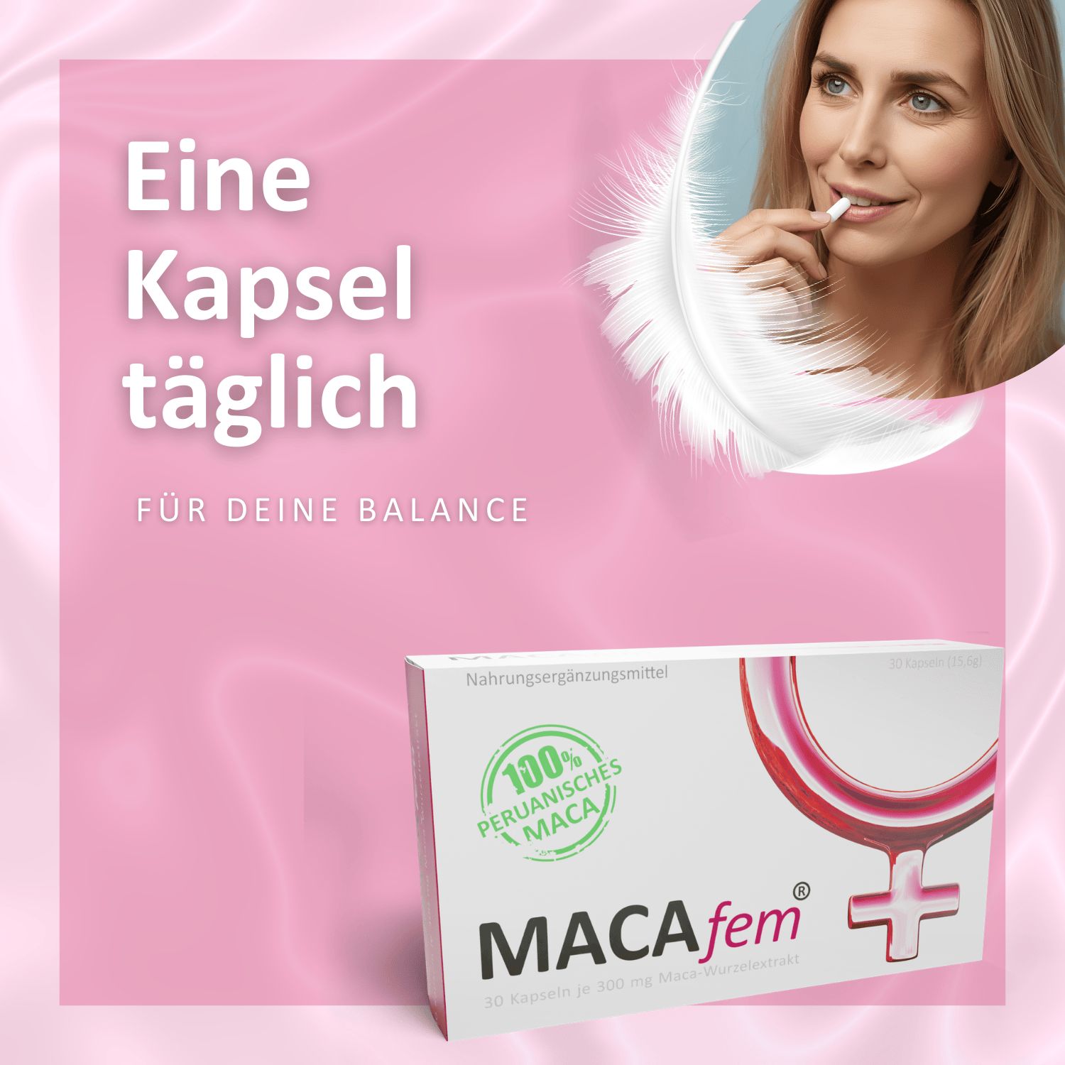 Weißer Karton mit MACAfem®-Logo, 100% peruanischem Maca-Siegel und einer Frau, die eine Kapsel hält.
