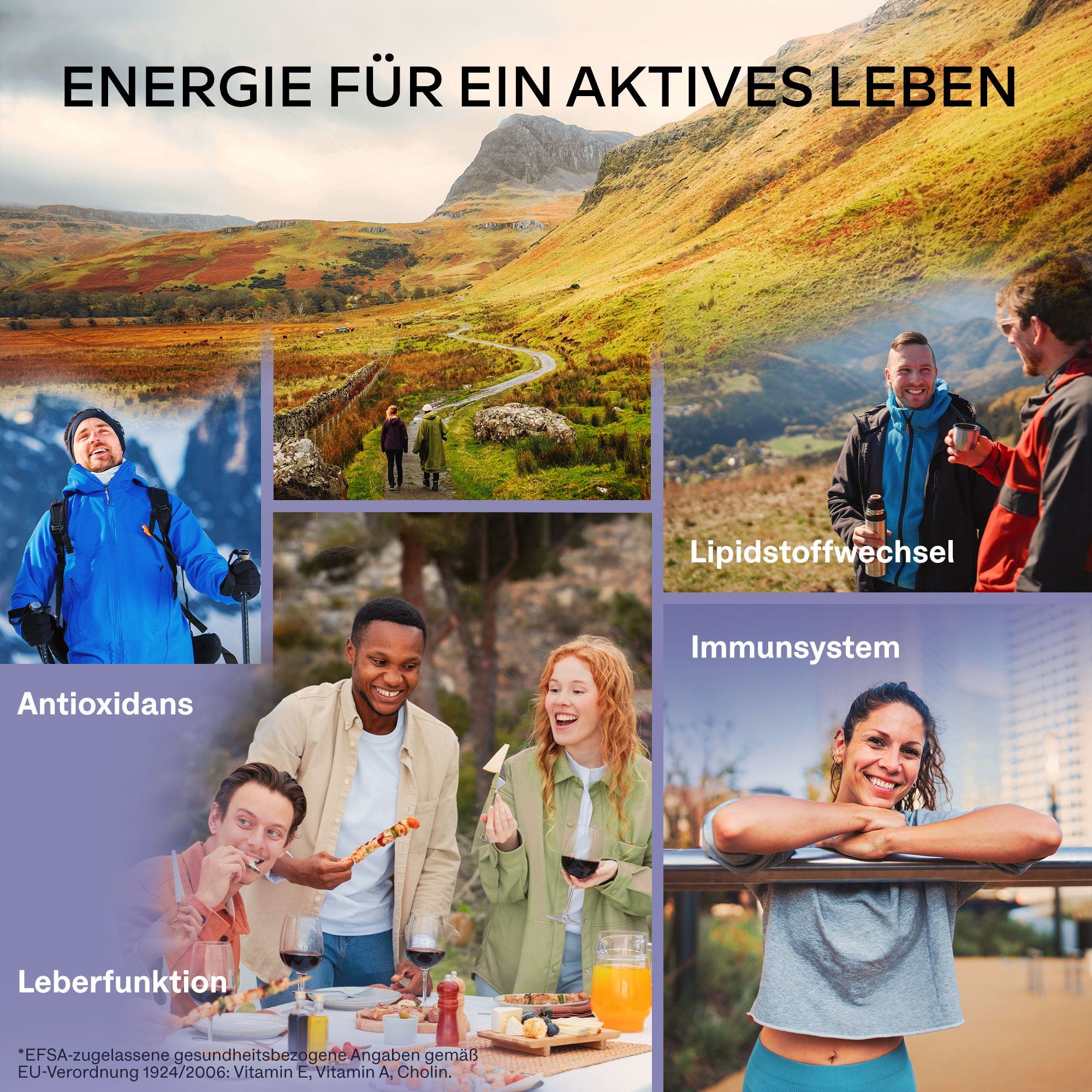Bilder von Menschen in verschiedenen Situationen. Text: Energie für ein aktives Leben.