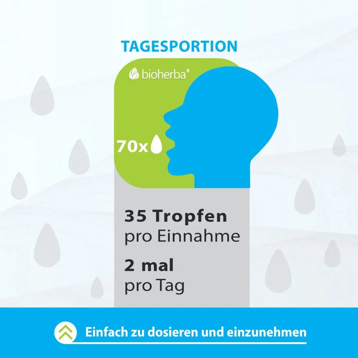 Grafik zur Dosierung von Bioherba. Ein Profil zeigt die Einnahme von 35 Tropfen, 2 mal täglich. Einfache Dosierung.