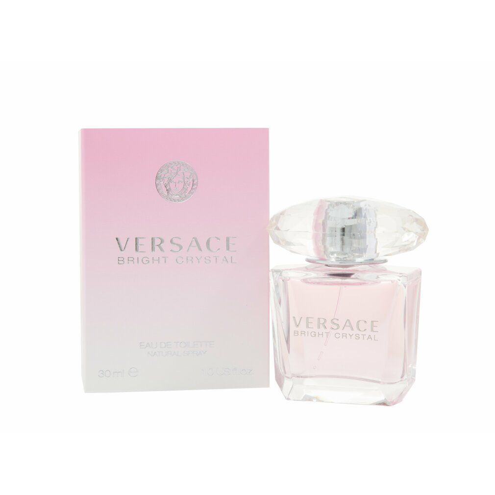 Versace Bright Crystal Eau de Toilette. Rosa Flakon mit Deckel. Rosa Verpackung mit Logo und Schriftzug.