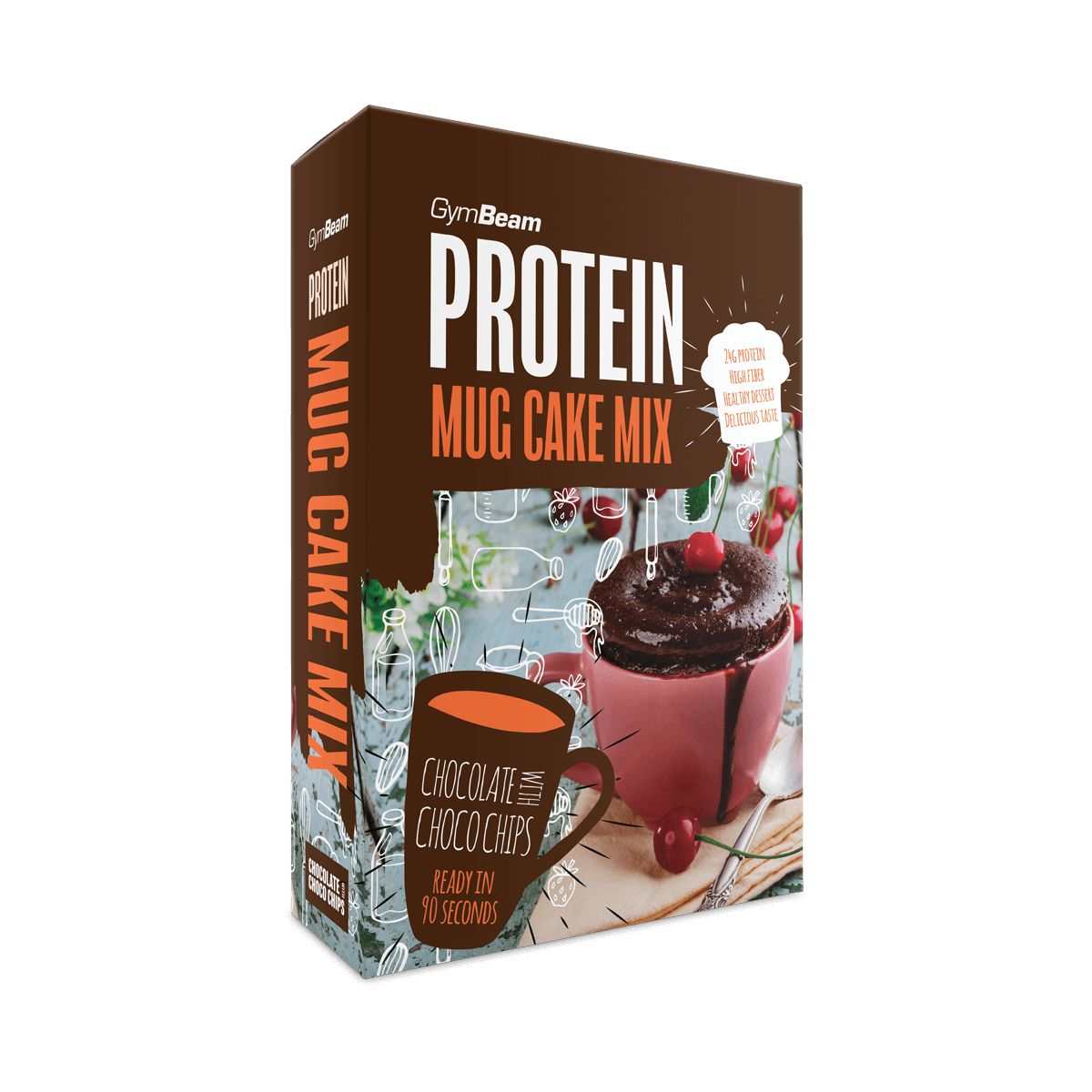 GymBeam Protein Mug Cake Mix Vanille mit Heidelbeerstückchen Packung. Zeigt einen fertigen Kuchen in einer Tasse.