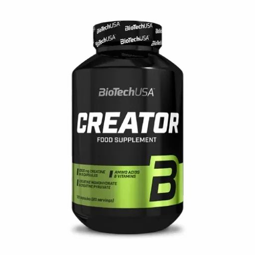 Schwarze Flasche mit weißem "CREATOR"-Schriftzug. Grün-weißes Etikett mit Produktinformationen. Marke: BioTechUSA.