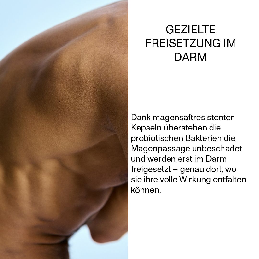 Rücken einer Person. Text: Gezielte Freisetzung im Darm. Kapseln überstehen die Magenpassage.