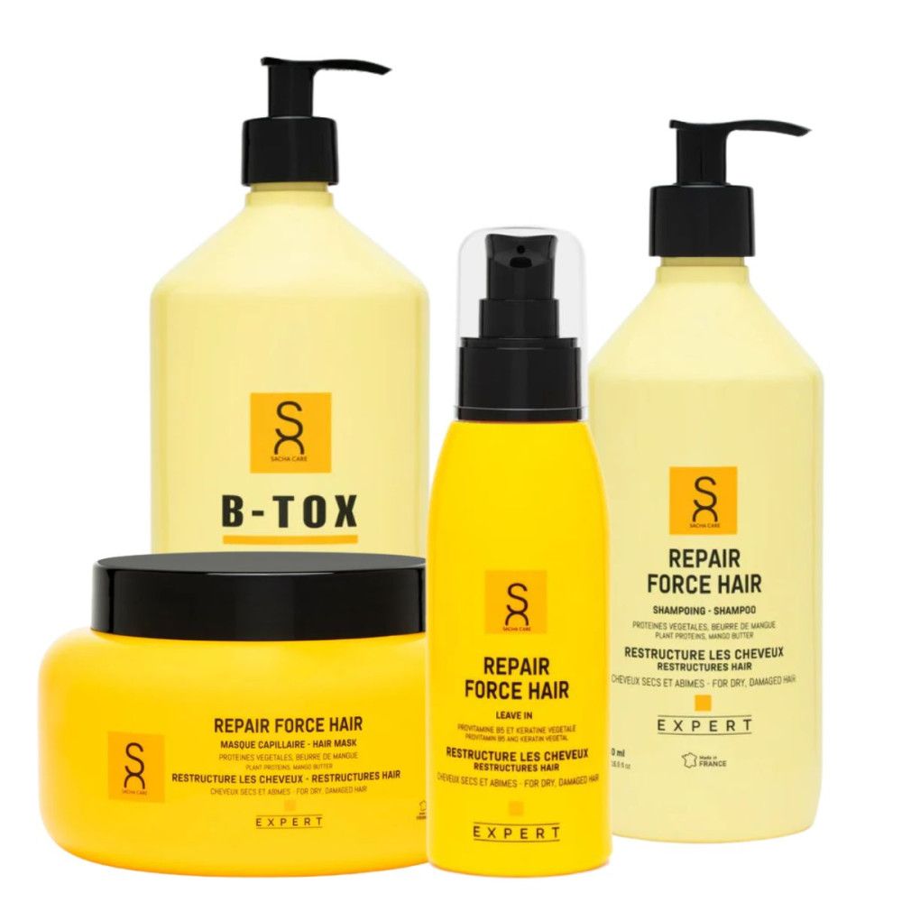 Vier Produkte: B-Tox, Haarmaske, Leave In, Shampoo. Gelbe Flaschen und Tiegel. Schwarze Pumpköpfe und Deckel. Aufschriften.