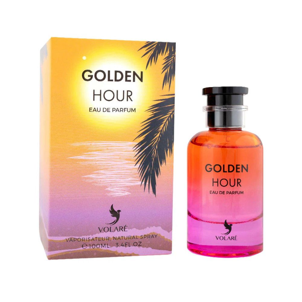 Parfümflasche und Schachtel. Flasche mit Farbverlauf, schwarzem Verschluss. Schachtel mit Sonnenuntergang-Design und Produktnamen.