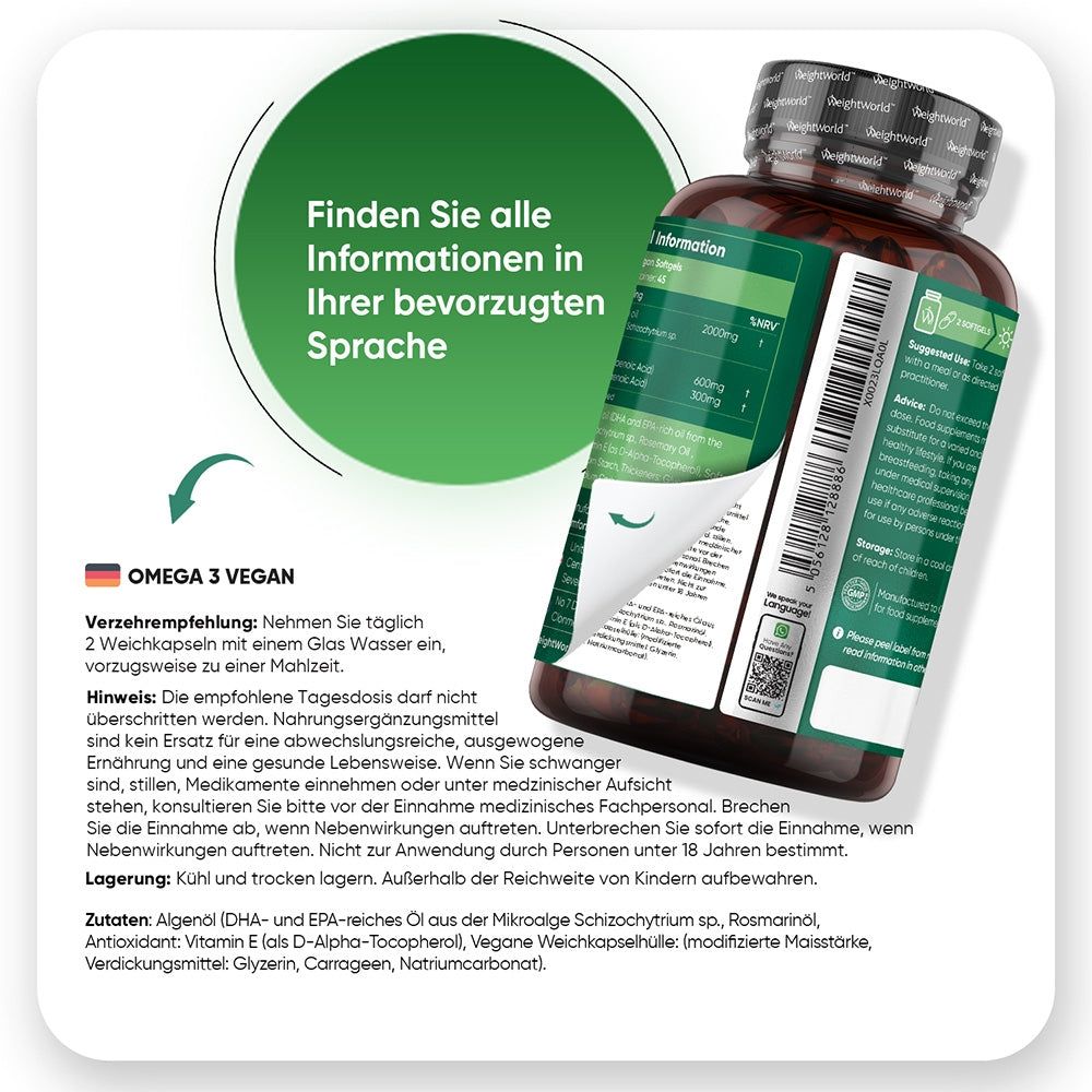 Flasche mit Etikett. Informationen in verschiedenen Sprachen. Omega 3 Vegan. Dosierung: 2 Kapseln täglich.