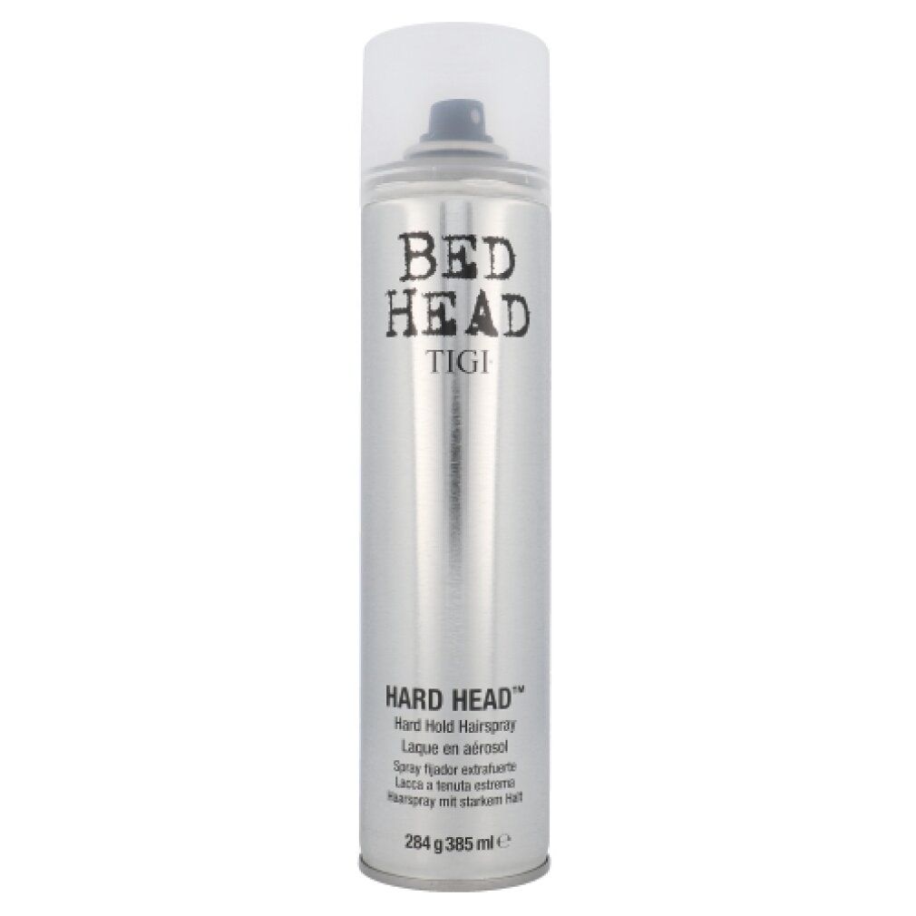 Haarspray-Dose von Tigi Bed Head. Silberne Dose mit grauem Deckel. Aufschrift: Bed Head, Tigi, Hard Head, Hairspray.