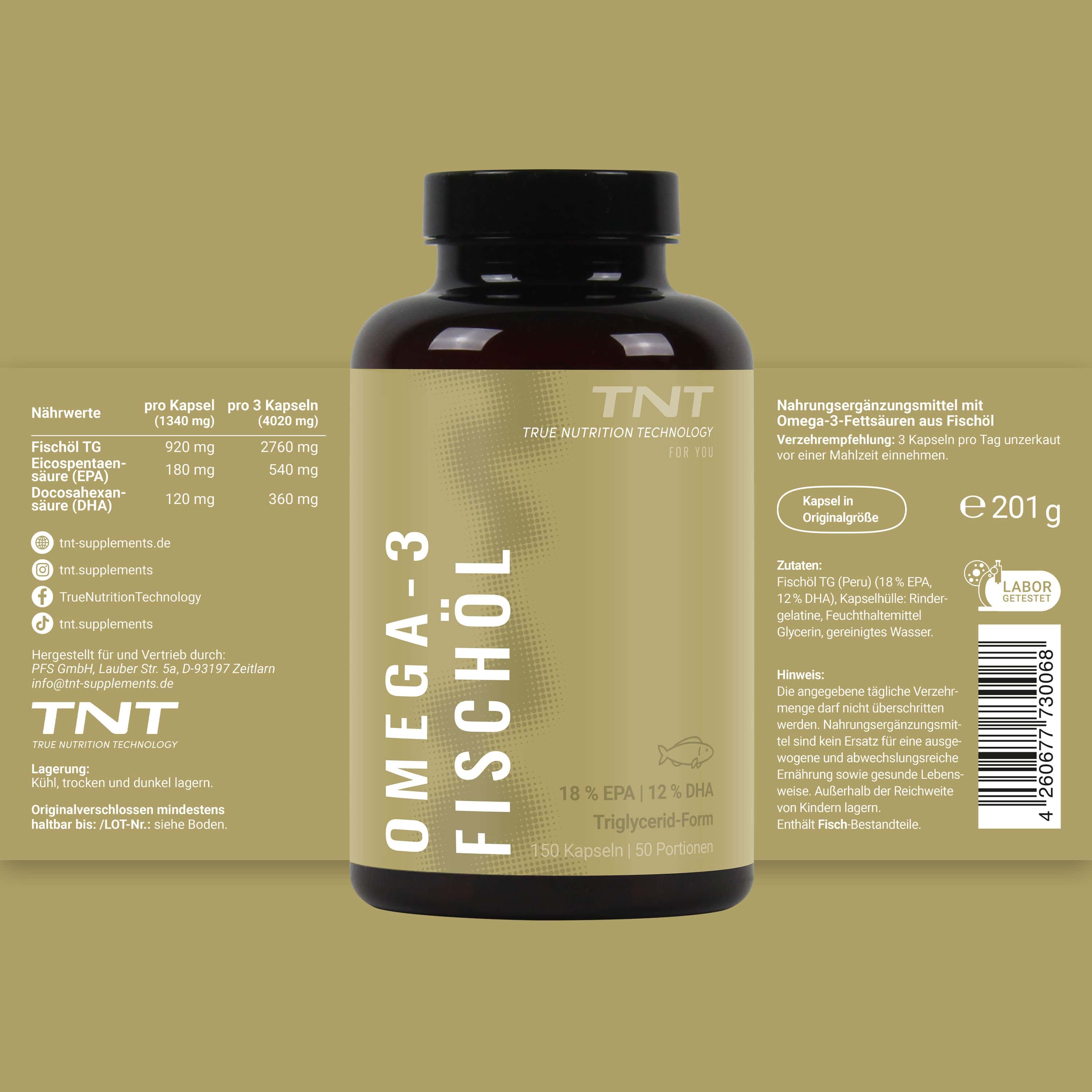 Flasche TNT Omega-3 Fischöl mit Etikett. Text: Omega-3 Fischöl, 18% EPA, 12% DHA, 150 Kapseln. Nährwertangaben und Labor-Logo.