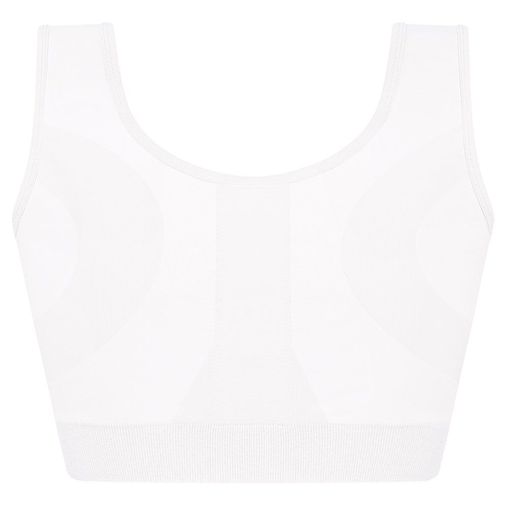 Weißer BH, Vorderansicht. Glattes Material, breiter Saum. Nahtdetails.